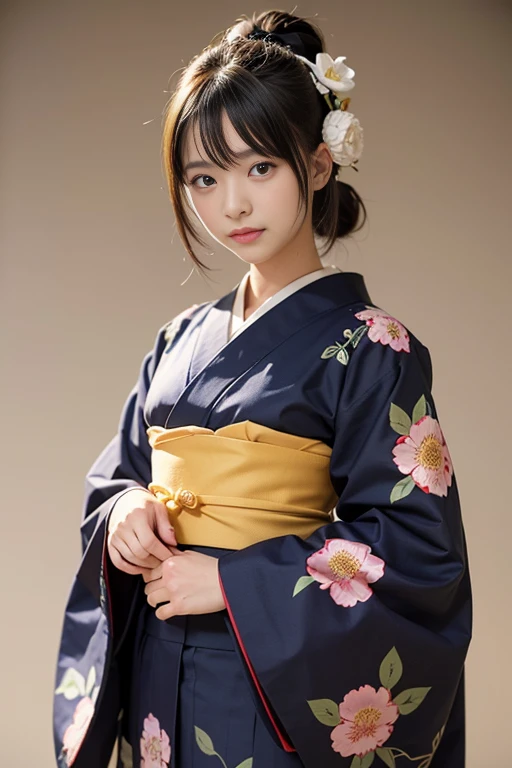 (masutepiece, Best Quality:1.4), Beautiful face, 8K, 85 mm, absurderes, ((FULL BODYSHOT:1.3))、((traditional Japanese room(With futon)))、(Floral pattern long-sleeved kimono:1.4), cowboy shot、violaceaess, gardeniass, Delicate girl, Solo, Variety of hairstyles、Night, Looking at Viewer, Upper body, Film grain, chromatic abberation, Sharp Focus, face lights, Professional Lighting, Sophisticated, (Smile:0.4), (Simple background, Bokeh background:1.2), Detail Face