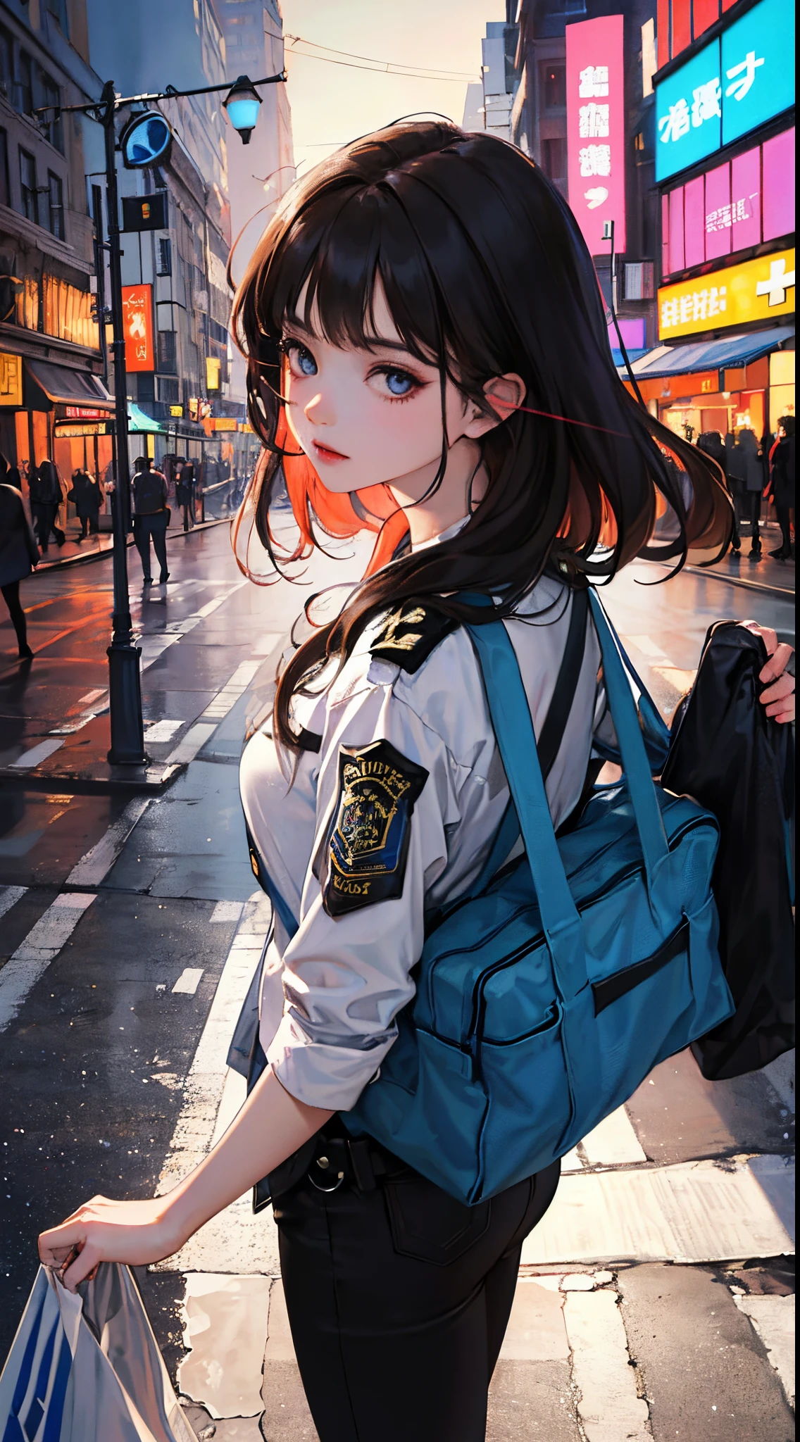 (1girl in)、(Plump beauty)、(Black hair)、(30-years old)、(Top image quality)、(8K picture quality)、(masutepiece)、 (Flickering of light)、(wear police uniform)、cinematric light, Cinema Shadow, Sharp Image, Extremely detailed, Volumetric, Bright sprites, particles effect, beautiful effects, Vivid colors, neons, Neon light, Highly detailed image textures, detailed hairs, Detailed eyes, city、Dark hair、Eyes glow、Photo from the knee up、