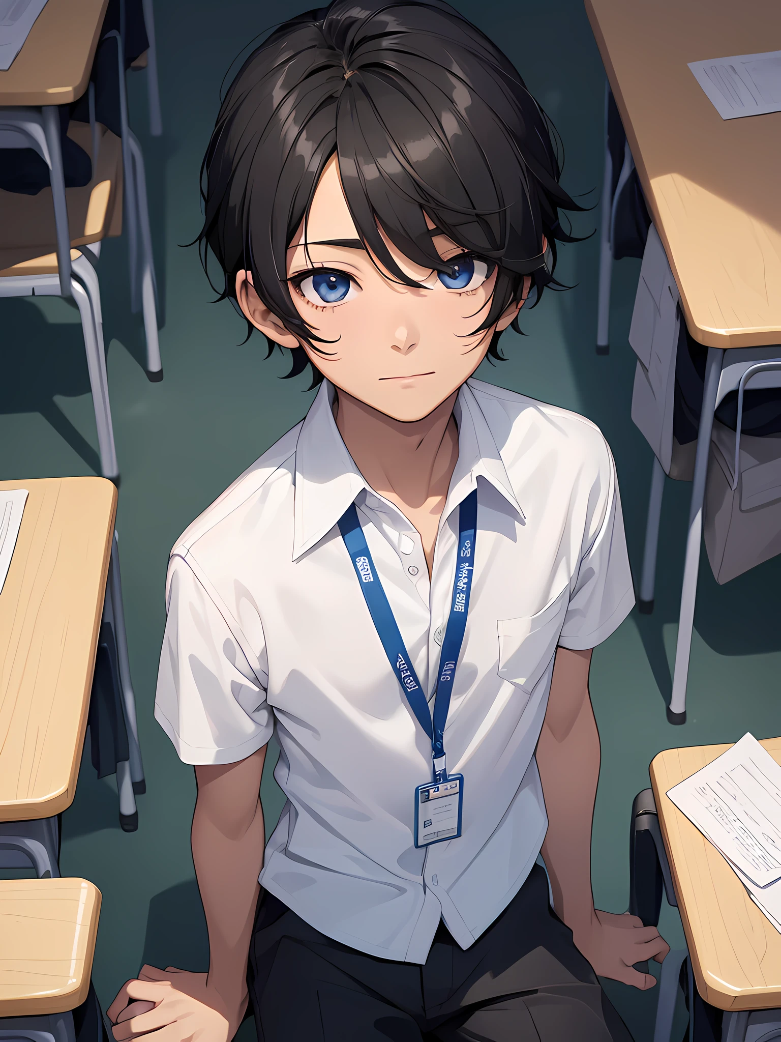 1boy, young male, , black hair, happy, solo, detailed eyes, quality eyes, masterpiece, (UntuckedShirt:1.2), student, White shirt, short sleeves, long black pants, wearing lanyard, blue lanyard, sitting, classroom, school, anime, line art anime