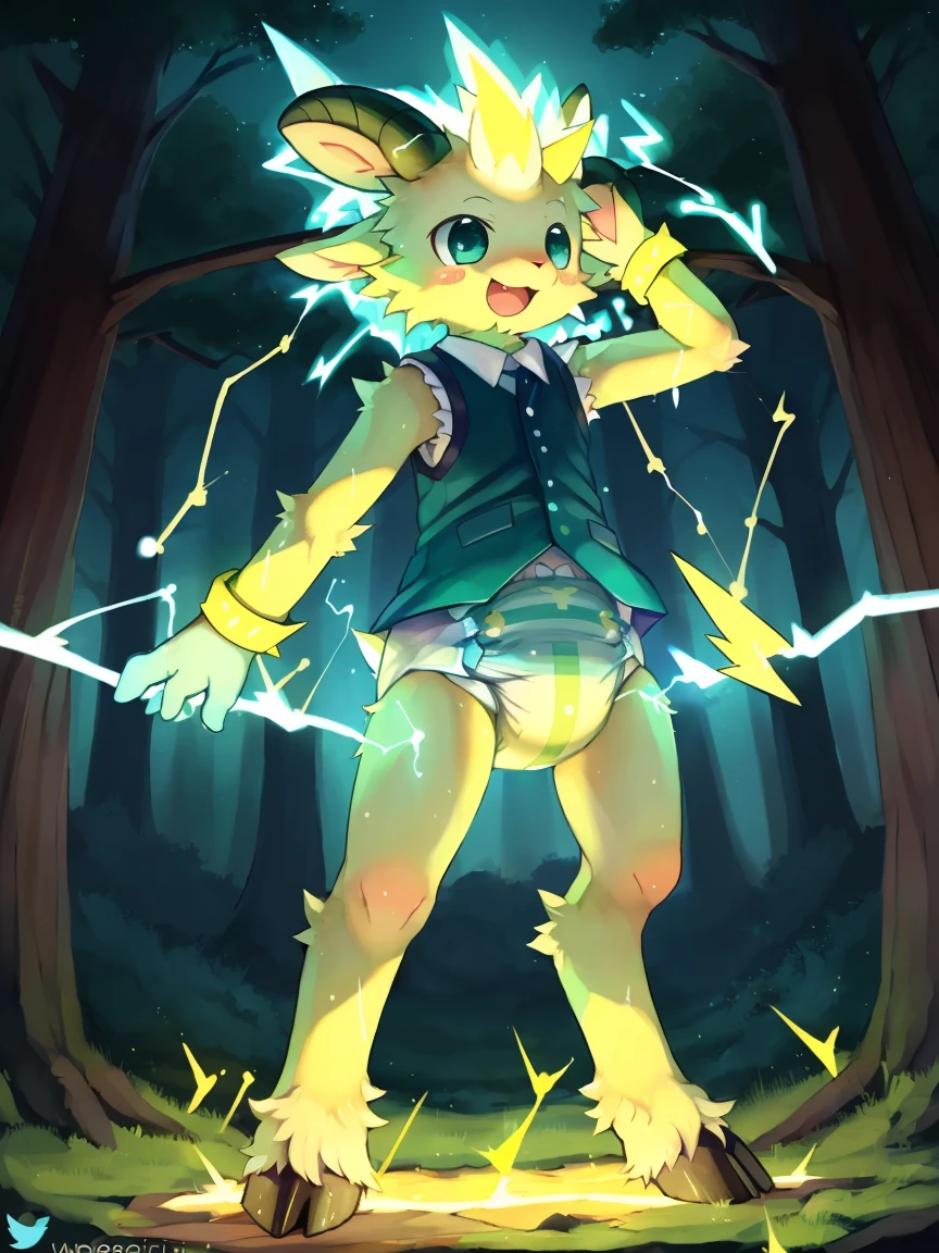 ((by wadorigi on Twitter)(Lamb)), pokemon, kid proportions, cute, adorable , thin thighs, hooves, upper limb hooves, yellow fur, horns with electricity, (teal and yellow electricity), teal lightnings on surroundings, wearing soggy messy padded diaper, wearing dark yellow vest, leather wrist cuffs, standing, tied hands to wooden stock, in forest