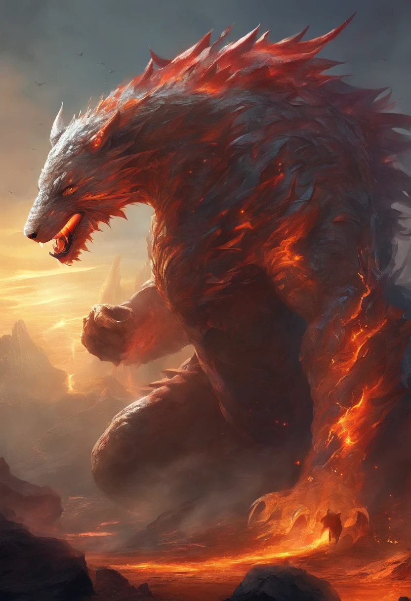 breathing fire, burning, claws, embers, explosion, fire, flame, flaming sword, flaming weapon, glowing, molten rock, monster, no humans, open mouth, sharp teeth, spikes, tail-tip fire, teeth , by paul zizka, <lora:LAS:0.7>, <lora:tangbohu-detailmaker_v2.5:0.7>
