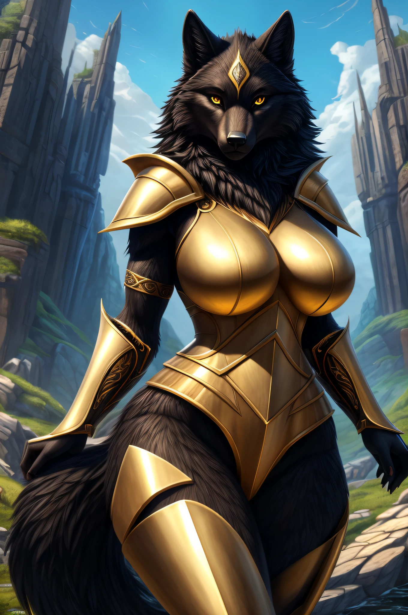 anthropomorphic wolf,full body,female,large breasts,wide hips,sexy,striking pose,seductive gaze,fantasy art style,(best quality,4k,8k,highres,masterpiece:1.2),alluring curves,detailed fur,black fur,armor, perfect eyes, yellow eyes