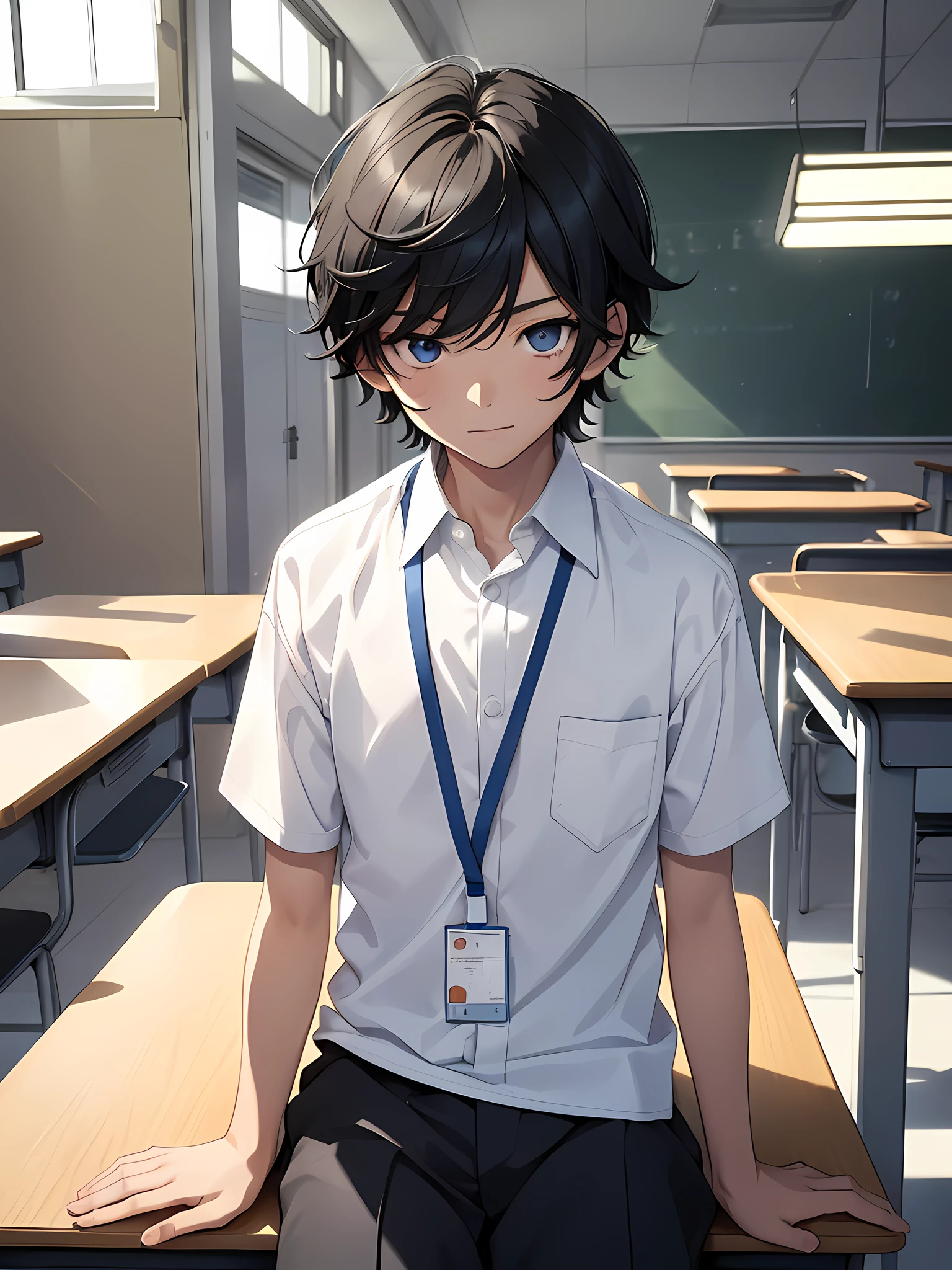 1boy, young male, age 12, black hair, happy, solo, detailed eyes, quality eyes, masterpiece, (UntuckedShirt:1.2), student, White shirt, short sleeves, long black pants, wearing lanyard, blue lanyard, sitting, classroom, school, anime, line art anime