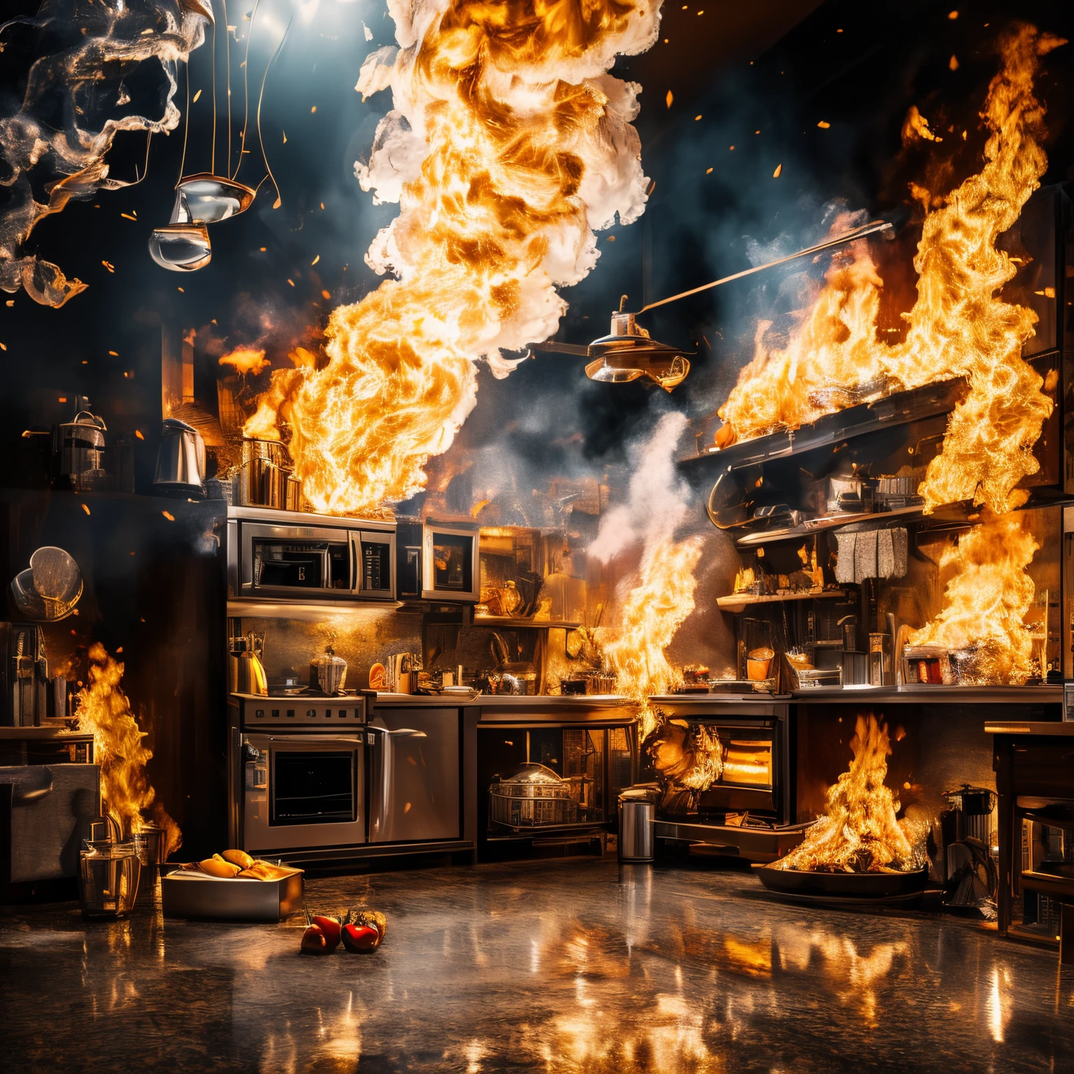 super high quality, (8k, RAW photo, realistic), detailed and delicate depiction and flashy and dynamic painting method, exaggerated portrayal, Scary kitchen appliances: a food mixer with exposed teeth, a refrigerator that freezes the room, and a microwave that explodes into flames. background A dimly lit kitchen