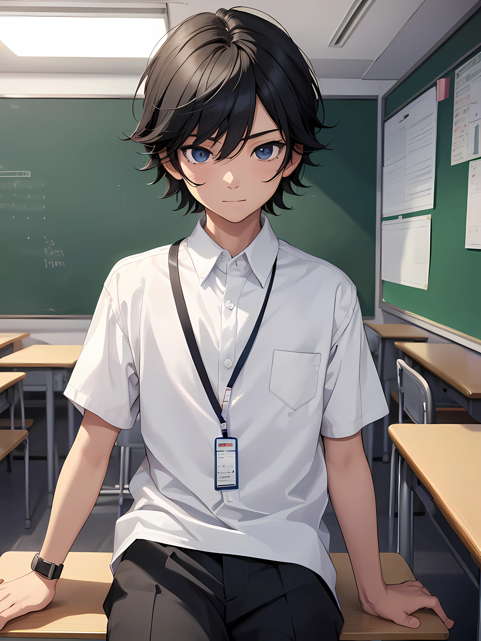 1boy, young male, , black hair, happy, solo, detailed eyes, quality eyes, masterpiece, (UntuckedShirt:1.2), student, White shirt, short sleeves, long black pants, wearing lanyard, blue lanyard, sitting, classroom, school, anime, line art anime