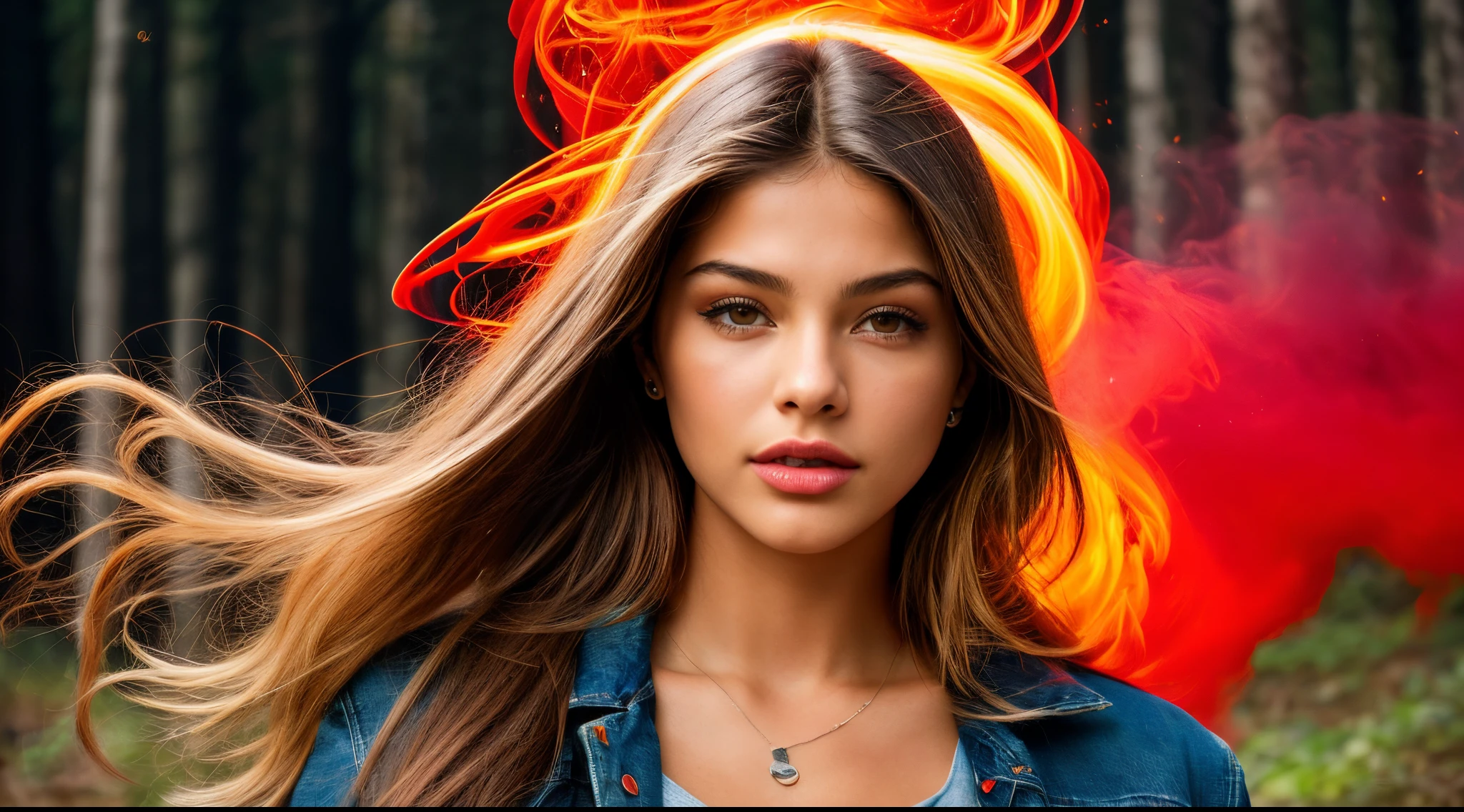 Maximum Extreme Hyper realistic, Maximum Extreme Hyper Detailed, Hyper-Sharp Extreme Maximum, Hyper-Sharp Extreme Maximum, Extreme maximum close-up, frente frontal, corpo inteiro, retrato, Thylane Blondeau linda mulher, (((Bom modelo, com longos cabelos negros e ultra detalhados, com olhos azuis, vestido com uma jaqueta vermelha gradiente e blusa branca estampada com letras japonesas, jeans,))))((((ultra realista 8k, super detalhe), Post-processing, (Arte Splash), Perspectivas exageradas, cores naturais, (Colorido e altamente detalhado )))) , camera with multiple movement angles, fogo glamoroso, swirl of red smoke and glowing particles, Low neon effects, nuances prateadas e pretas, ultra detailed 8k video, HDR, imagens complexas, give me the best image and motion experience, Perspectivas exageradas, cores naturais, (Colorido e altamente detalhado ))))  in the middle of a forest at night running away, camera with multiple movement angles, fogo glamoroso, swirl of red smoke and glowing particles, Low neon effects, nuances prateadas e pretas, ultra detailed 8k video, HDR, imagens complexas, give me the best image and motion experience