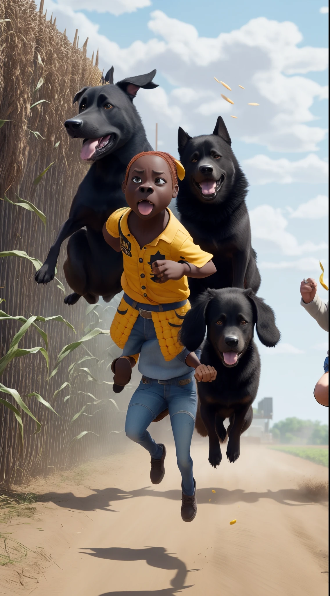 jumping over fence with corn in hand and 3 angry dogs chasing after in pixar style with the title "very black"
