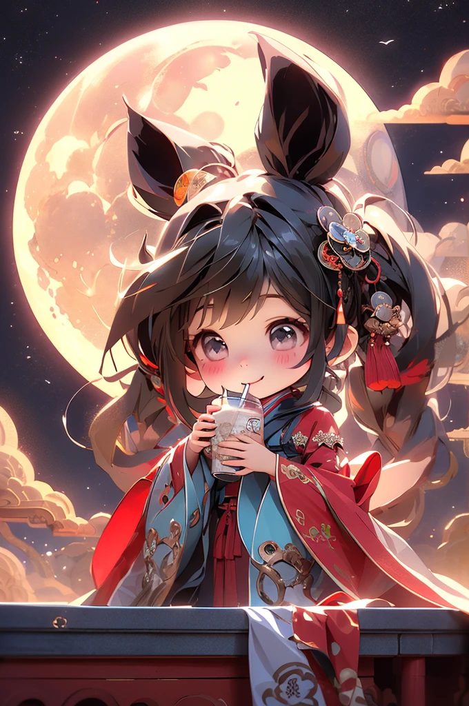 tmasterpiece,Best quality, 1girl·Chibi, ssmile, Hanfu, moon full, cloud，drank