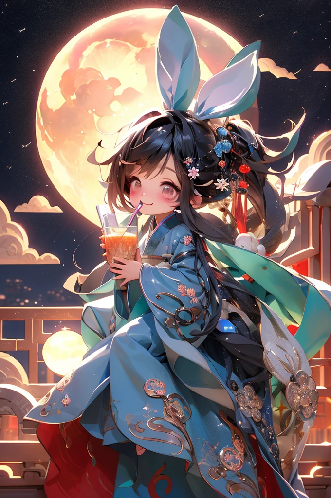 tmasterpiece,Best quality, 1girl·Chibi, ssmile, Hanfu, moon full, cloud，drank