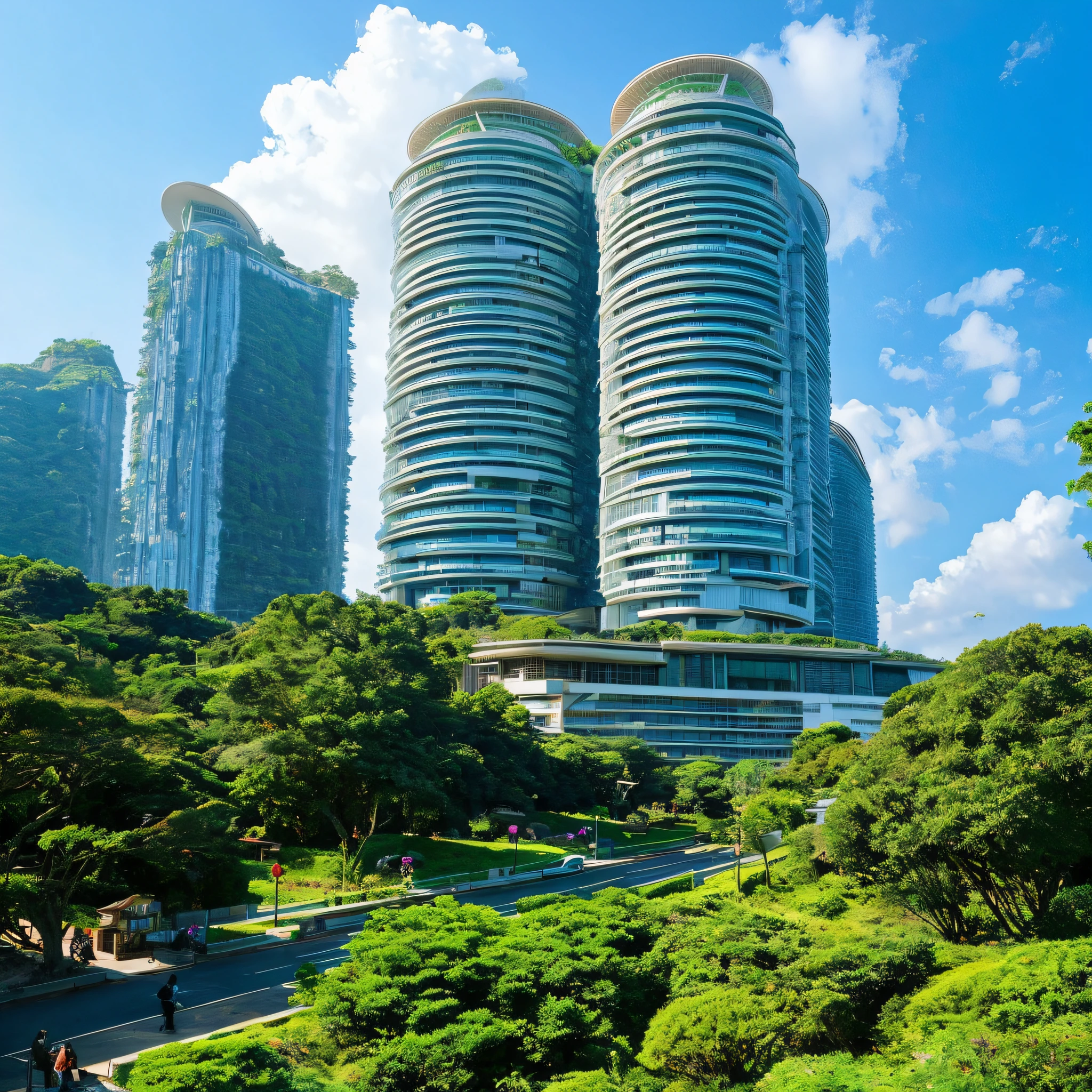 A huge spaceship has crash-landed。The spaceship-shaped residence is 300 meters long.、It has an architectural style similar to a futuristic city.。Entirely covered with shiny titanium alloy、Large glass windows are lined up everywhere.。There is a rotating radar on the control tower in the upper floors.、Landing craft come and go from the connection with the lower part.。A village of several thousand people has formed in this spaceship-shaped structure.。This form, which harmonizes with the forest surrounding the building, gives a sense of the arrival of an ideal living space for a new era.。verybadimagenegative_v1.3, ng_deepnegative_v1_75t,Yakushima's blue sea and lush mountains々In the cove embraced by、Giant spaceship
