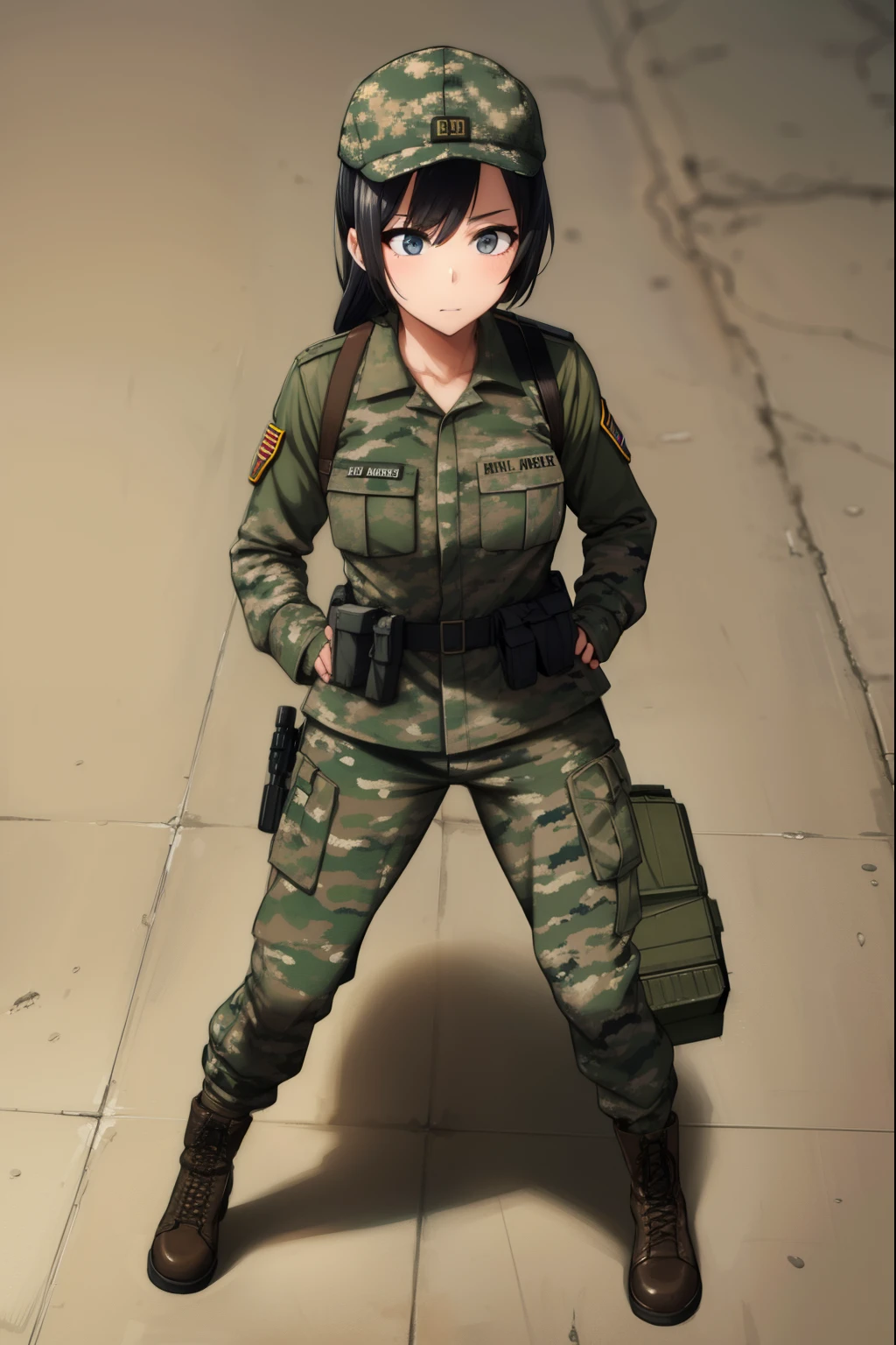 Cute girl,Soldier,She wears army clothes,army, in-depth details, full body, sexy body, sexy,Spotted army clothing, Military camouflage clothing, Drawing better eyes, accuracy in details