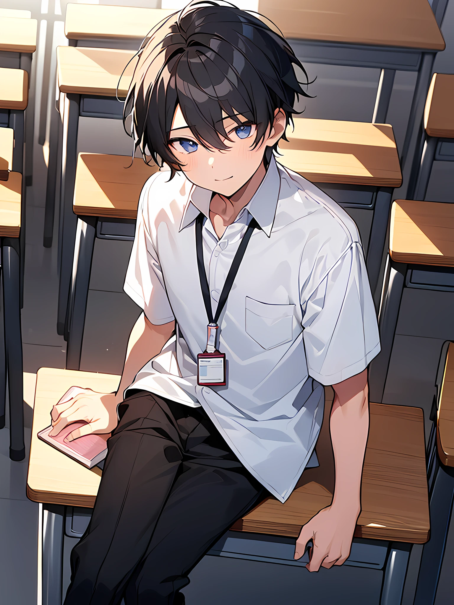 1boy, young male, age 12, black hair, happy, solo, detailed eyes, quality eyes, masterpiece, (UntuckedShirt:1.2), student, White long shirt, short sleeves, long black pants, wearing lanyard, sitting, classroom, school, anime, line art anime