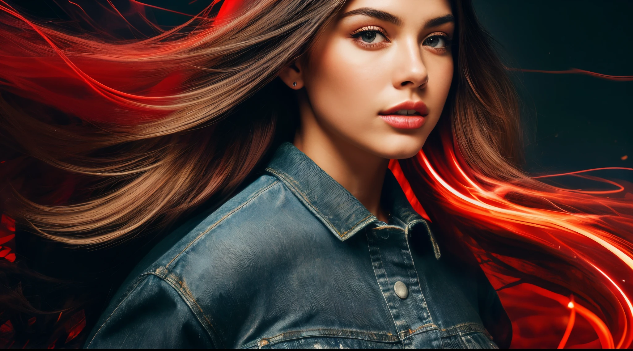 Maximum Extreme Hyper realistic, Maximum Extreme Hyper Detailed, Hyper-Sharp Extreme Maximum, Hyper-Sharp Extreme Maximum, Extreme maximum close-up, frente frontal, corpo inteiro, retrato, Thylane Blondeau linda mulher, (((Bom modelo, com longos cabelos negros e ultra detalhados, com olhos azuis, vestido com uma jaqueta vermelha gradiente e blusa branca estampada com letras japonesas, jeans,))))((((ultra realista 8k, super detalhe), Post-processing, (Arte Splash), Perspectivas exageradas, cores naturais, (Colorido e altamente detalhado )))) , camera with multiple movement angles, fogo glamoroso, swirl of red smoke and glowing particles, Low neon effects, nuances prateadas e pretas, ultra detailed 8k video, HDR, imagens complexas, give me the best image and motion experience, Perspectivas exageradas, cores naturais, (Colorido e altamente detalhado )))) in the middle of a forest at night running away, camera with multiple movement angles, fogo glamoroso, swirl of red smoke and glowing particles, Low neon effects, nuances prateadas e pretas, ultra detailed 8k video, HDR, imagens complexas, give me the best image and motion experience