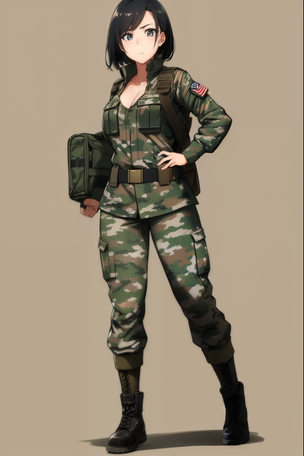 Cute girl,Soldier,She wears army clothes,army, in-depth details, full body, sexy body, sexy,Spotted army clothing, Military camouflage clothing, Drawing better eyes, accuracy in details