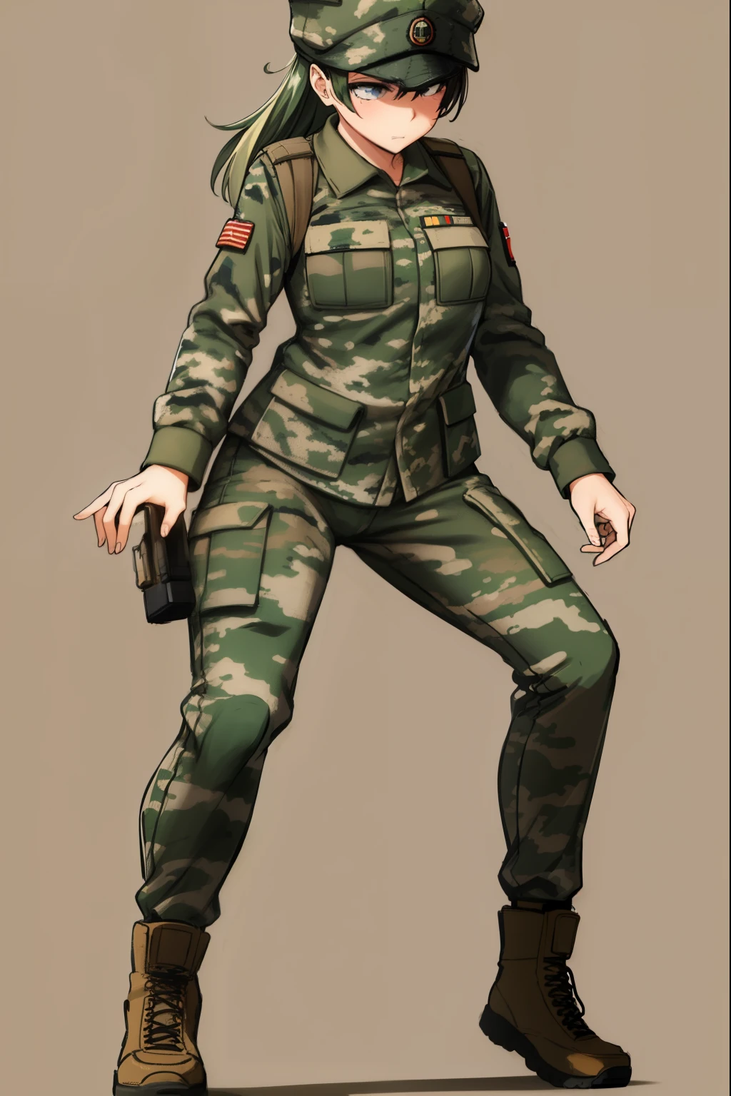 Cute girl,Soldier,She wears army clothes,army, in-depth details, full body, sexy body, sexy,Spotted army clothing, Military camouflage clothing, Drawing better eyes, accuracy in details