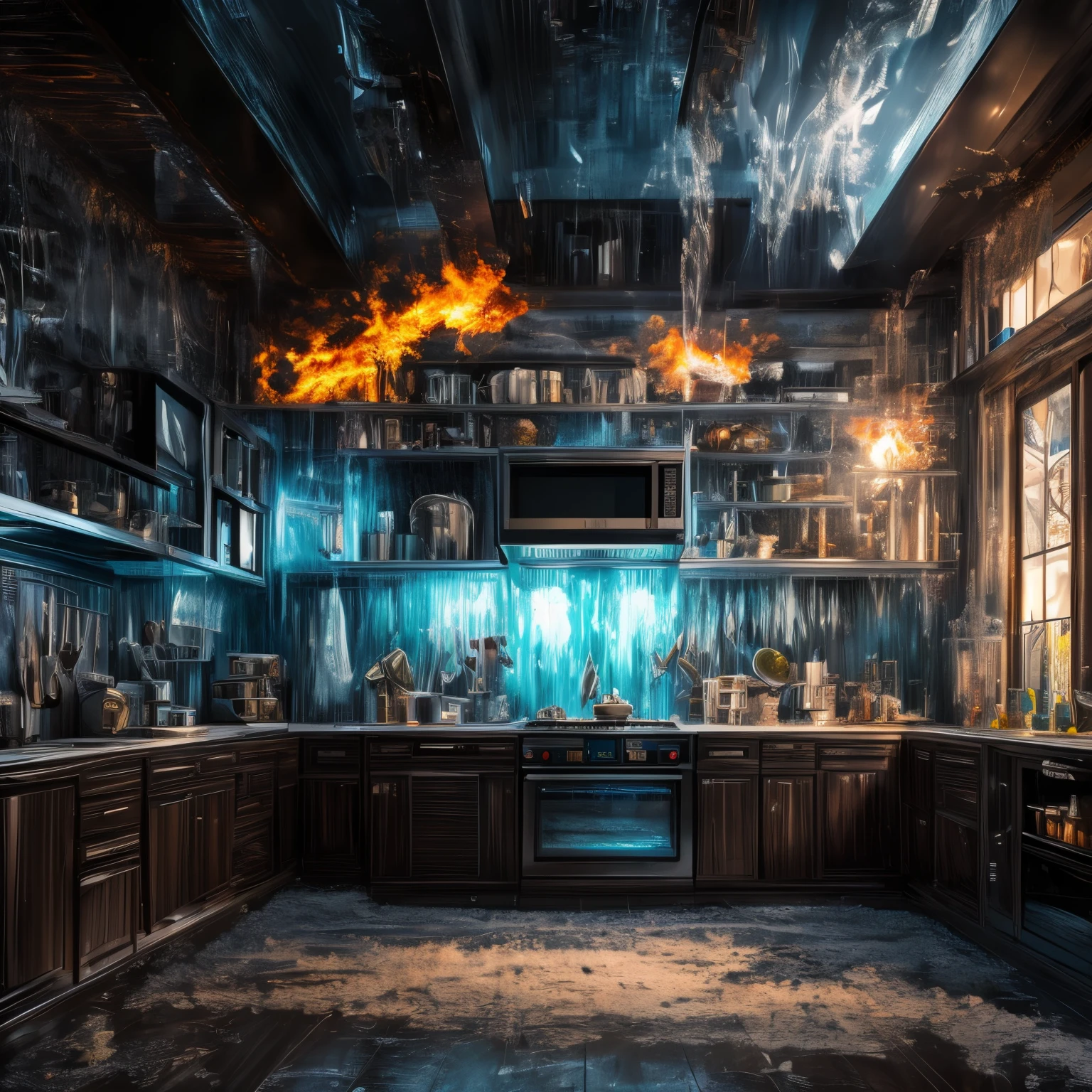 super high quality, (8k, RAW photo, realistic), detailed and delicate depiction and flashy and dynamic painting method, horror, dark fantasy, refrigerator that freezes the whole room, microwave that explodes, dishwasher that spews out water, background A dimly lit kitchen