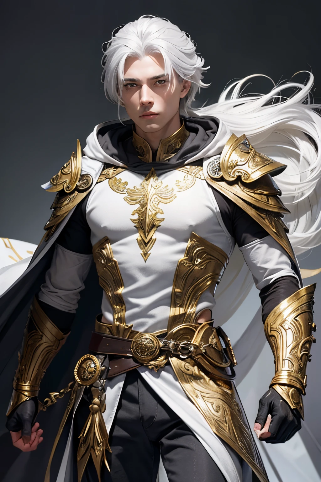 Male warrior,white hair,gold eye,grey and dark grey costume,gold and white armor,gold cloak