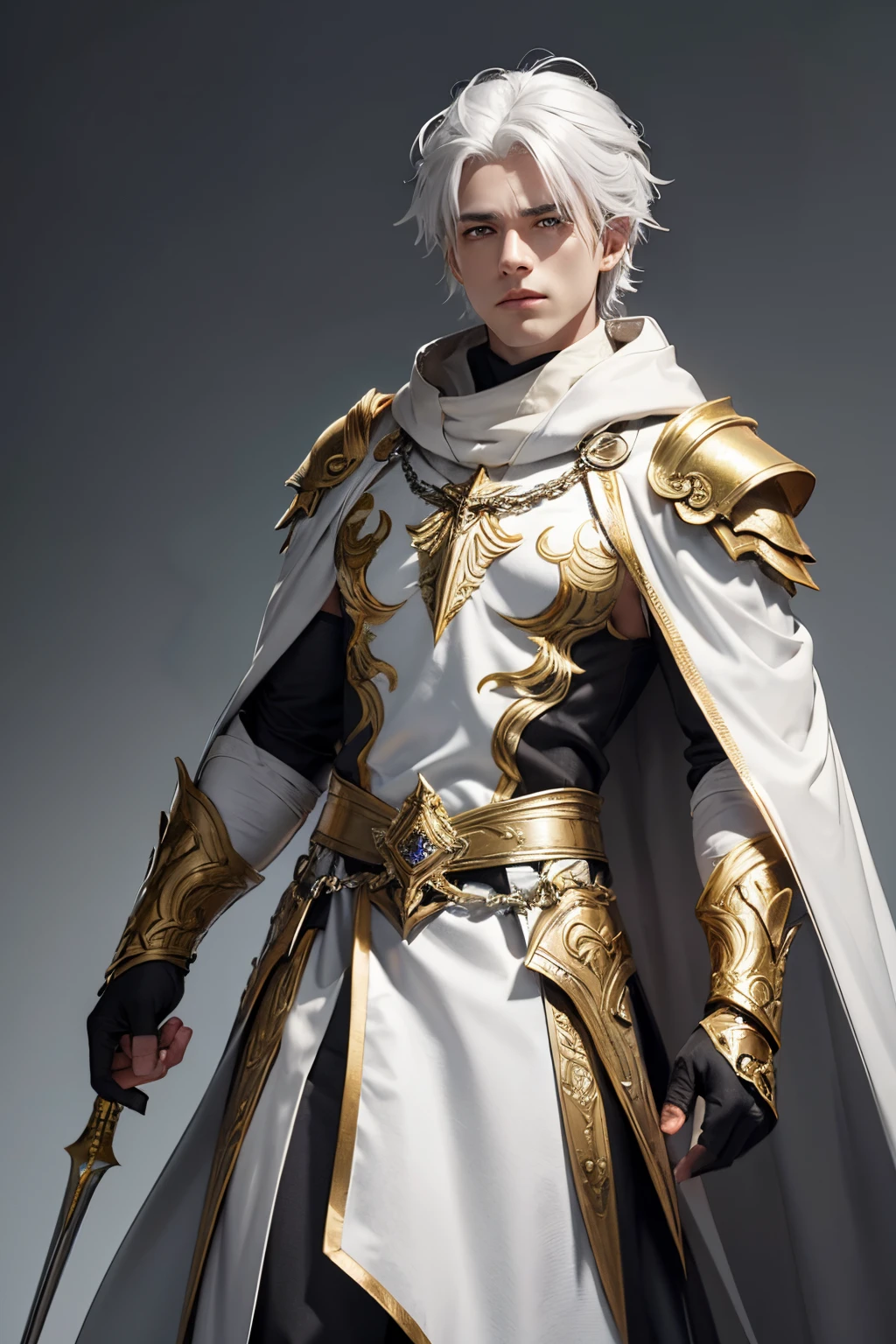 Male warrior,white hair,gold eye,grey and dark grey costume,gold and white armor,gold cloak