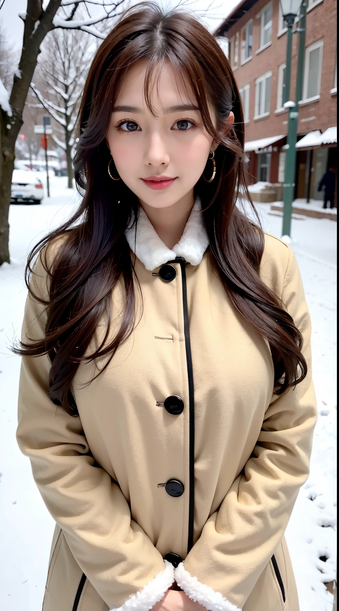 1 girl, bare_tree, brown_eyes, brown_hair, building, coat, cross_earrings, earrings, fur, fur trimmed_coat, fur_collar, fur_scarf, fur_trim, jewelry, lips, shorthair, looking_at_viewer, outdoors, snow, snow, solo, tree, upper_body, Winter, winter_clothes, detailed_eyes,Big breasts, arms close together, Chest facing camera, Big, Ears out, Golden ratio face, Golden ratio body, Best quality, Ultra high definition, Bangs