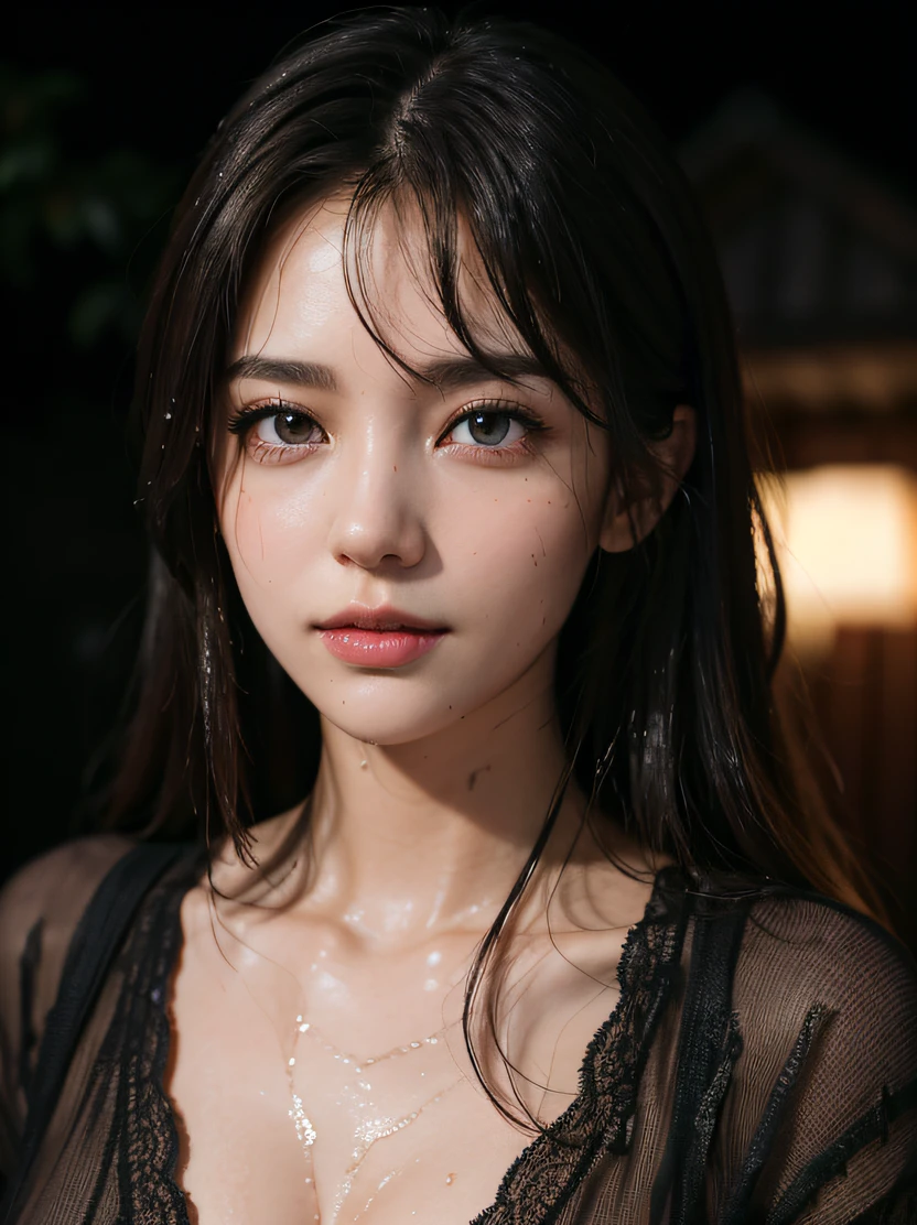 hightquality、hight resolution、​masterpiece、foco nítido、photographrealistic、Raw photography、lighting like a movie、Photographic portrait of beautiful women、face lights、High contrast、cowboy  shot、Focus from the chest up、detailed symmetric realistic face、Highly detailed natural textures、ighly detailed、finely detail、richly colored、ultra realistic textures、dramatic  lighting、watching at viewers、dark brown  hair、(rainy wet、wet from the rain、a wet body)、White wet shirt、hyperdetailed face、Detailed lips、A detailed eye、A slight smil、Background outside the house