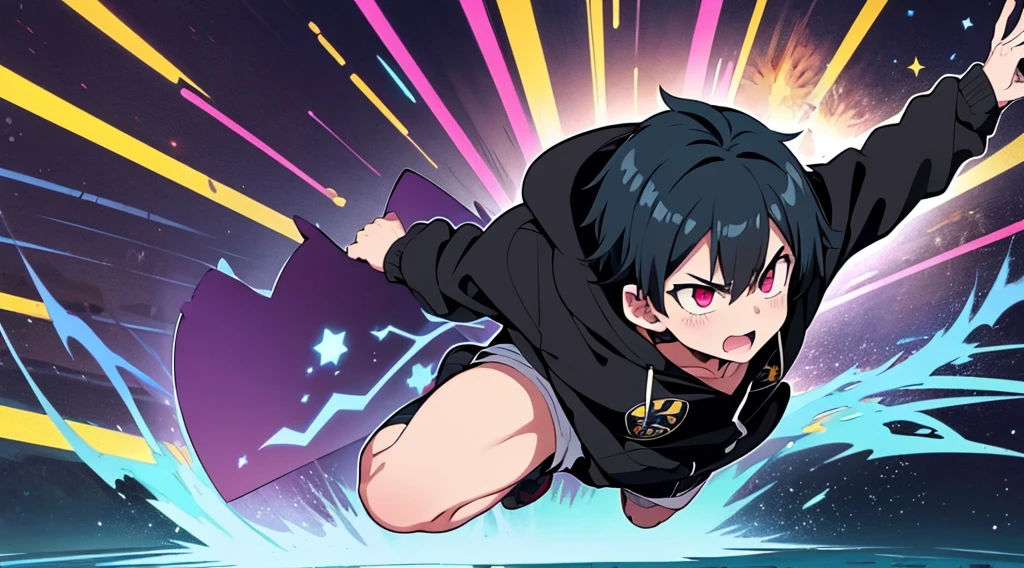 Vtuber sorprendido, hoodie negro, cabello negro con brillo morado, ojos con brillo de estrella, manos abiertas, fondo verde, efectos de manga, onomatopellas manga de explosion, war squad, risa, bullets, sparks, electric lights