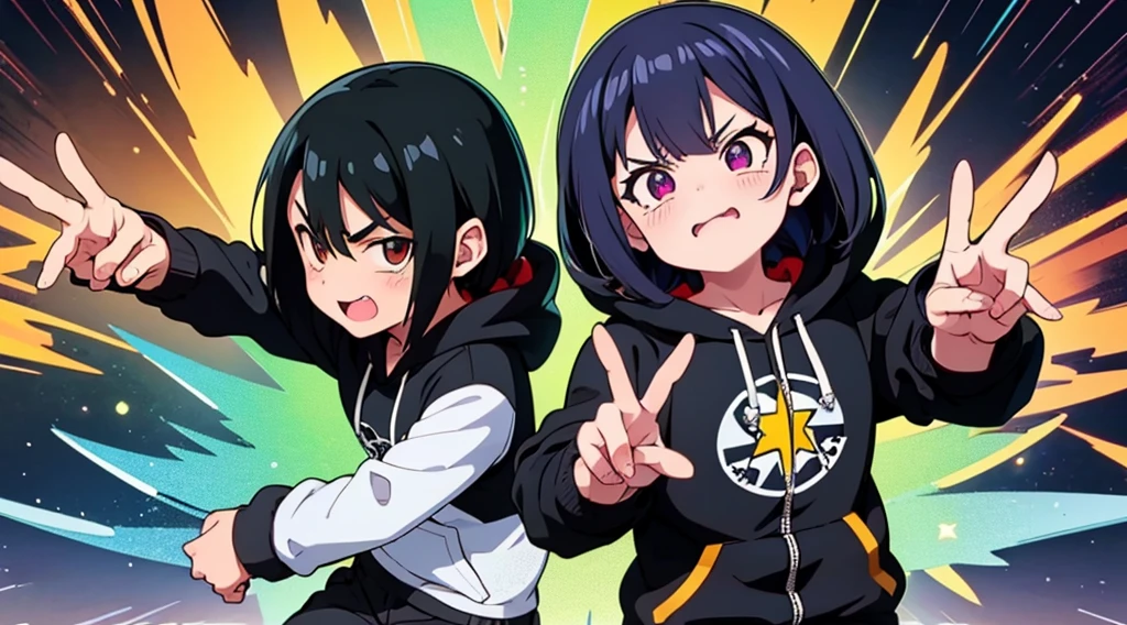 Vtuber sorprendido, hoodie negro, cabello negro con brillo morado, ojos con brillo de estrella, manos abiertas, fondo verde, efectos de manga, onomatopellas manga de explosion, war squad, risa, bullets, sparks, electric lights