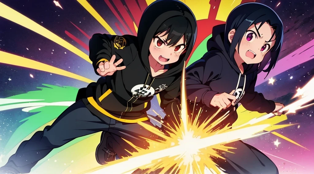 Vtuber sorprendido, hoodie negro, cabello negro con brillo morado, ojos con brillo de estrella, manos abiertas, fondo verde, efectos de manga, onomatopellas manga de explosion, war squad, risa, bullets, sparks, electric lights