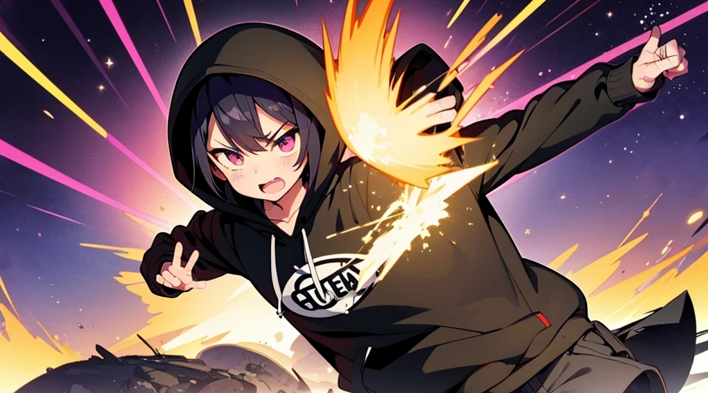 Vtuber sorprendido, hoodie negro, cabello negro con brillo morado, ojos con brillo de estrella, manos abiertas, fondo verde, efectos de manga, onomatopellas manga de explosion, war squad, risa, bullets, sparks, electric lights