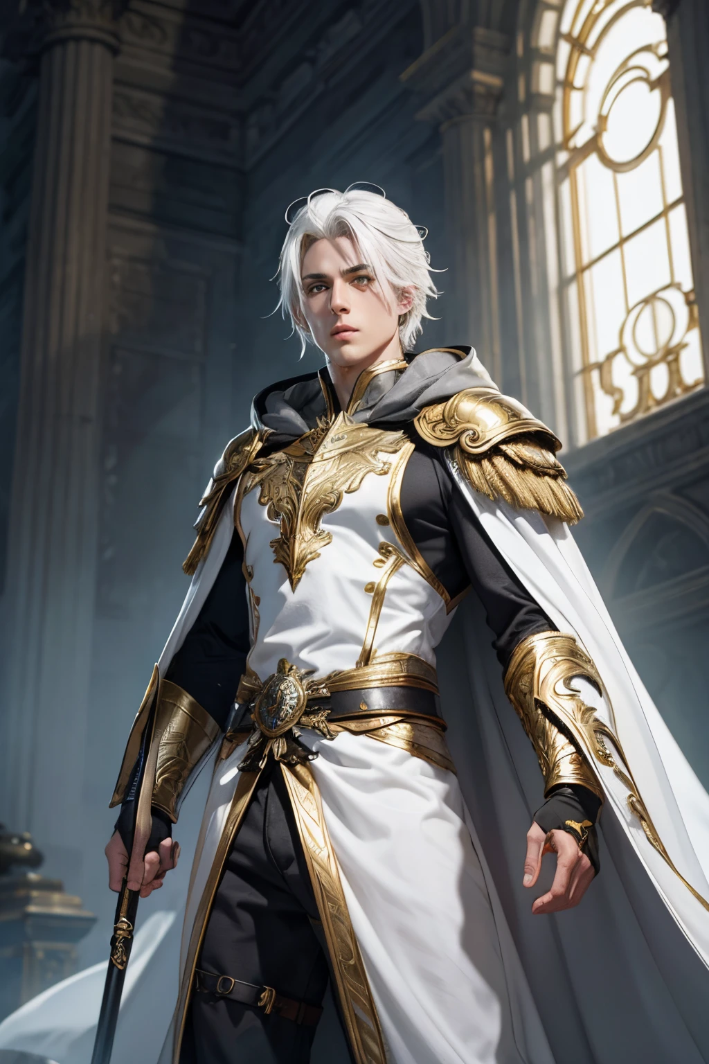 Male warrior,white hair,gold eye,grey and dark grey costume,gold cloak,white armor
