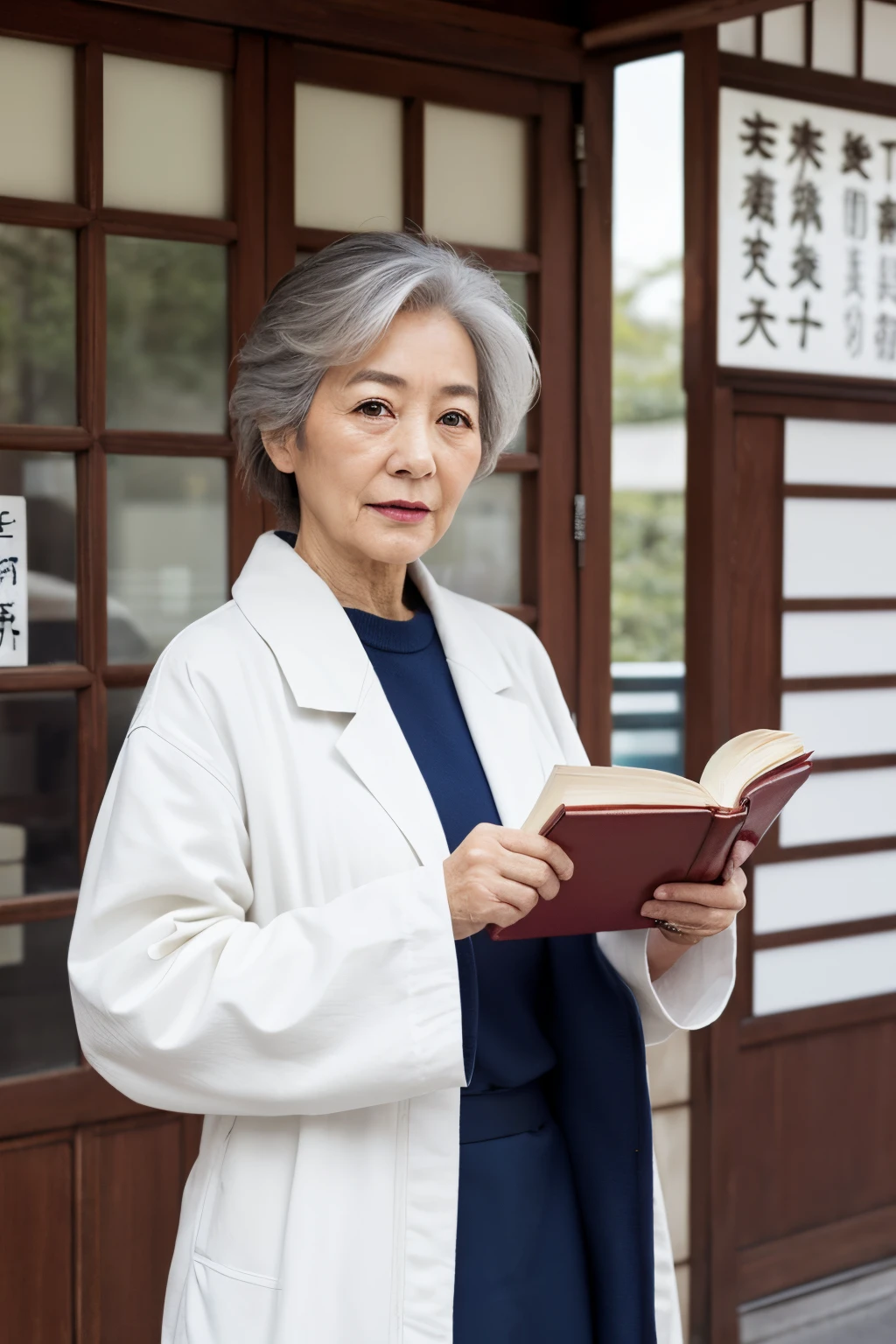 Images of Japan，Real front photo，Authentic backgrounds，pharmacy，holding books，Manteau blanc，Face full of wrinkles，sixty years old、TCM Image，Clever eyes，femele