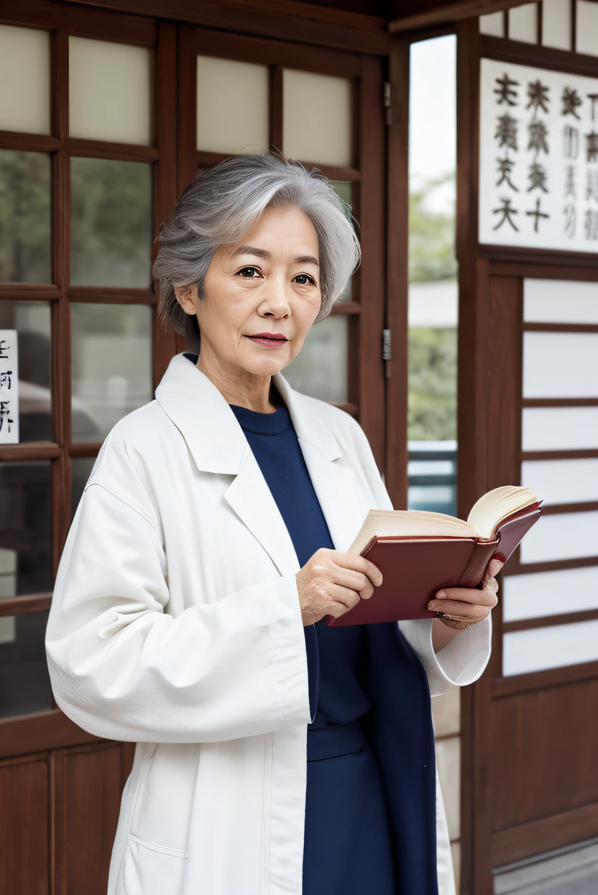 Images of Japan,Real front photo,Authentic backgrounds,pharmacy,holding books,Manteau blanc,Face full of wrinkles,sixty years old、TCM Image,Clever eyes,femele