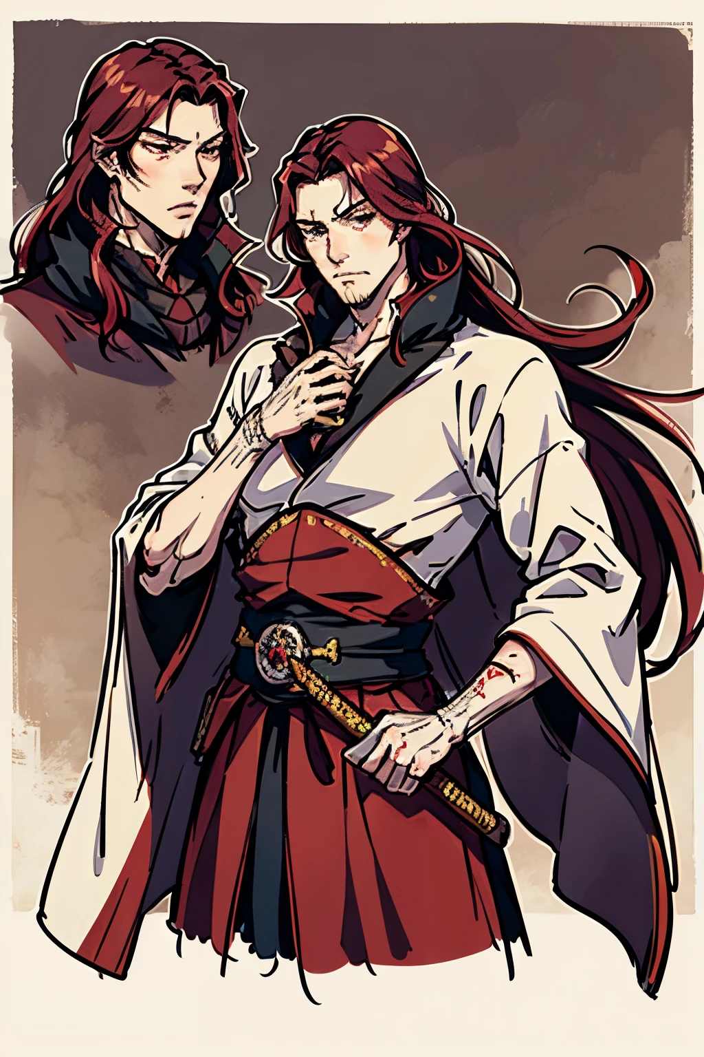 Best Quality, Masterpiece, Ultra High Resolution, musashi miyamoto, long red hair, renaissance attire, fancy clothing, nobility attire, handsome, manly, muscular, tall, covered in scars, vampire, pale white skin, fangs, vampiric, gothic, goth, standing in a medieval London town, long red scarf, detailed, long red hair, swept back hair, red hair(1.3)