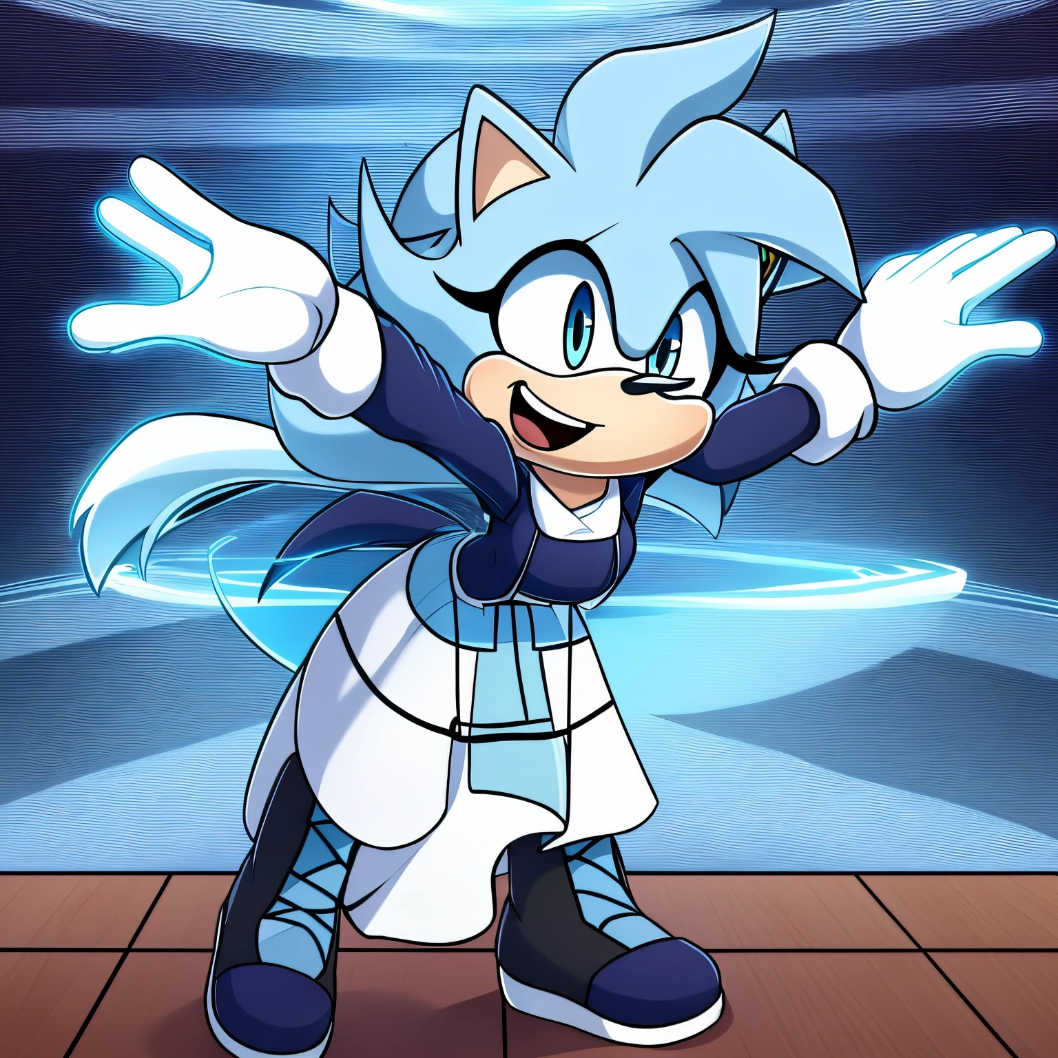 Mobian, female, Hedgehog, singing, Sound-wave like energy, leaning forward, happy, winking, light blue irises and white pupils