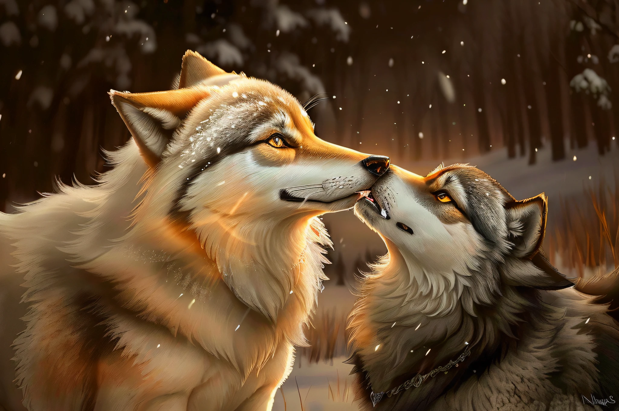 two wolves are standing next to each other, wolves, kiss together, wolves and their treasures, Kissing each other, kissing together cutely, Wolf companion, Wolp, photo of wolf, kiss, Kissing, lovely kiss, Human-like wolves, siblings, Angie Wolf, tenderness, licking out, wolf, howling, by Linda Sutton