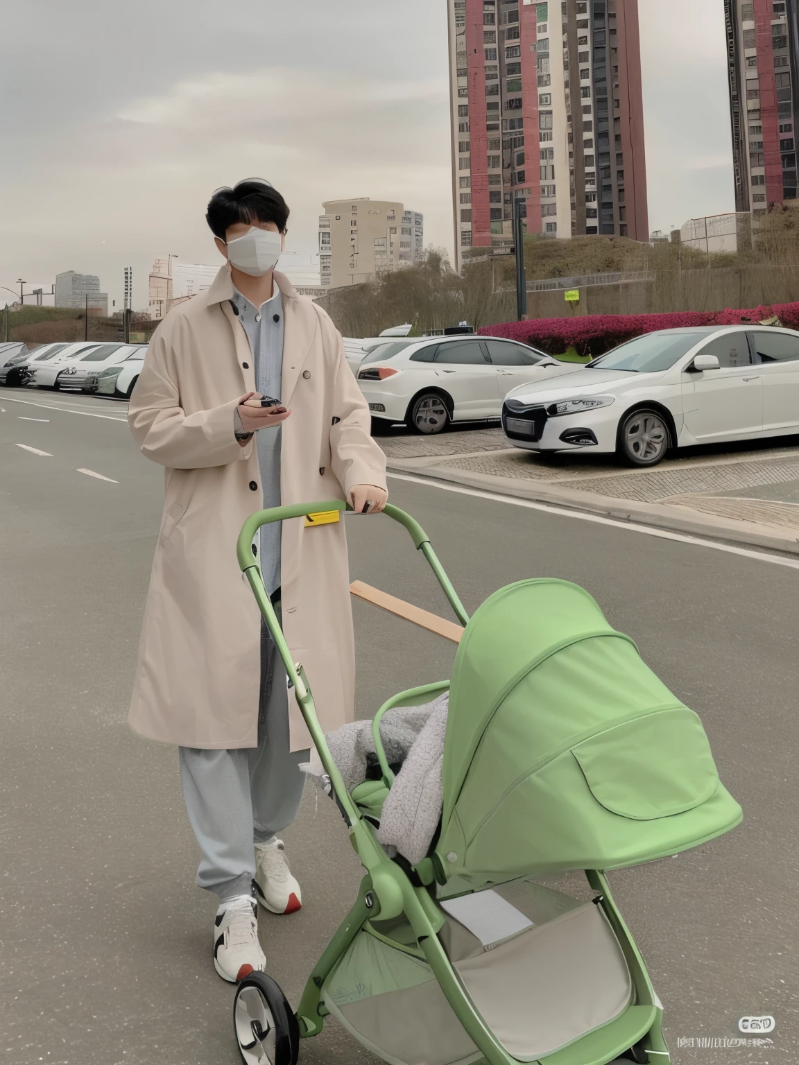 Man in a beige coat and mask walking with a baby in a green stroller, vestindo um pescador 🧥, 2 0 2 0 moda, trench casaco com muitos bolsos, Mesmo, Ulzzang macho, vestido com roupas longas e fluentes, casaco, Cai Xukun, Yanjun Chengt, altamente elegante, fashionable, pastel-hued, album photo, Longcasaco technology