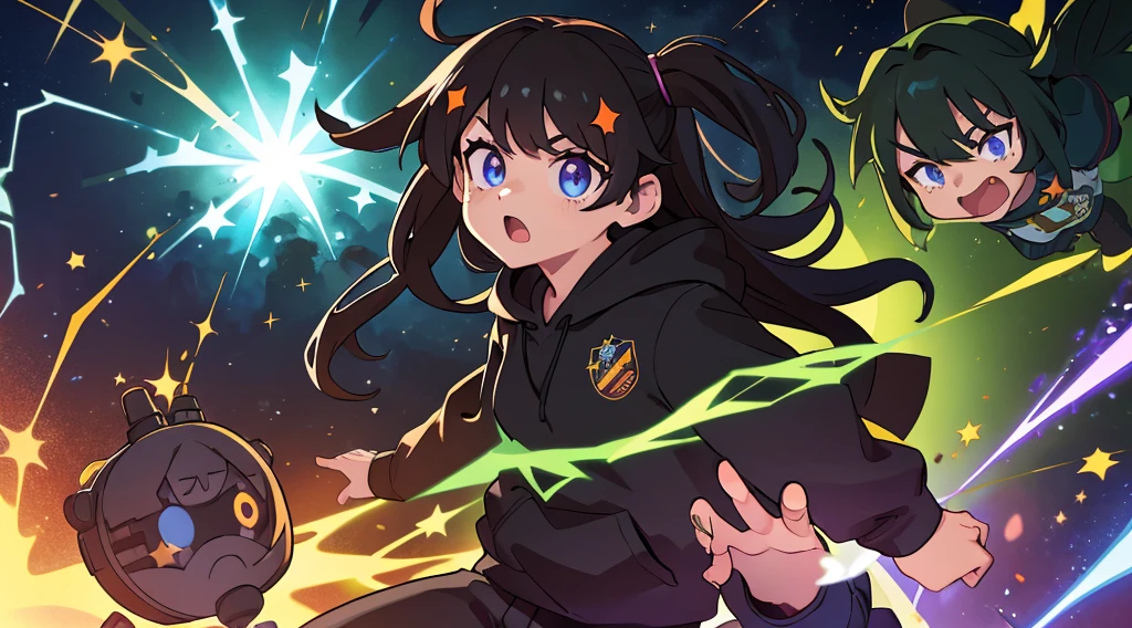 Vtuber sorprendido, hoodie negro, cabello negro con brillo morado, ojos con brillo de estrella, manos abiertas, fondo verde, efectos de manga, onomatopellas manga de explosion, war squad, risa, bullets, sparks, electric lights