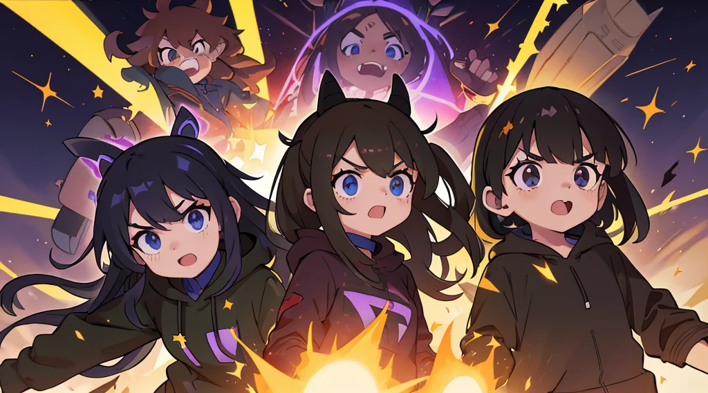 Vtuber sorprendido, hoodie ?????, cabello ????? con brillo morado, ojos con brillo de estrella, manos abiertas, fondo verde, efectos de manga, onomatopellas manga de explosion, war squad, risa, bullets, sparks, electric lights