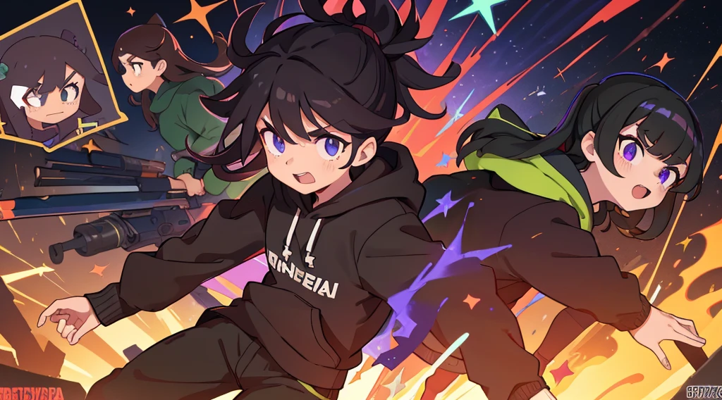 Vtuber sorprendido, hoodie negro, cabello negro con brillo morado, ojos con brillo de estrella, manos abiertas, fondo verde, efectos de manga, onomatopellas manga de explosion, war squad, risa, bullets, sparks, electric lights