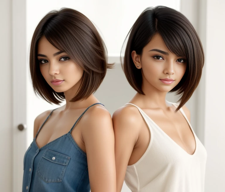 Dos mujeres con camisas blancas y negras posando para una foto., cabello corto - medio largo, Cabello hasta la barbilla, pelo corto medio, Bien _ peinado, cabello corto y oscuro, cabello de longitud corta a media, bob cut hair, peinado corto, Morenas, Pelo corto bob, Bob Cut, pelo corto, redahair and attractive features, con el mismo peinado