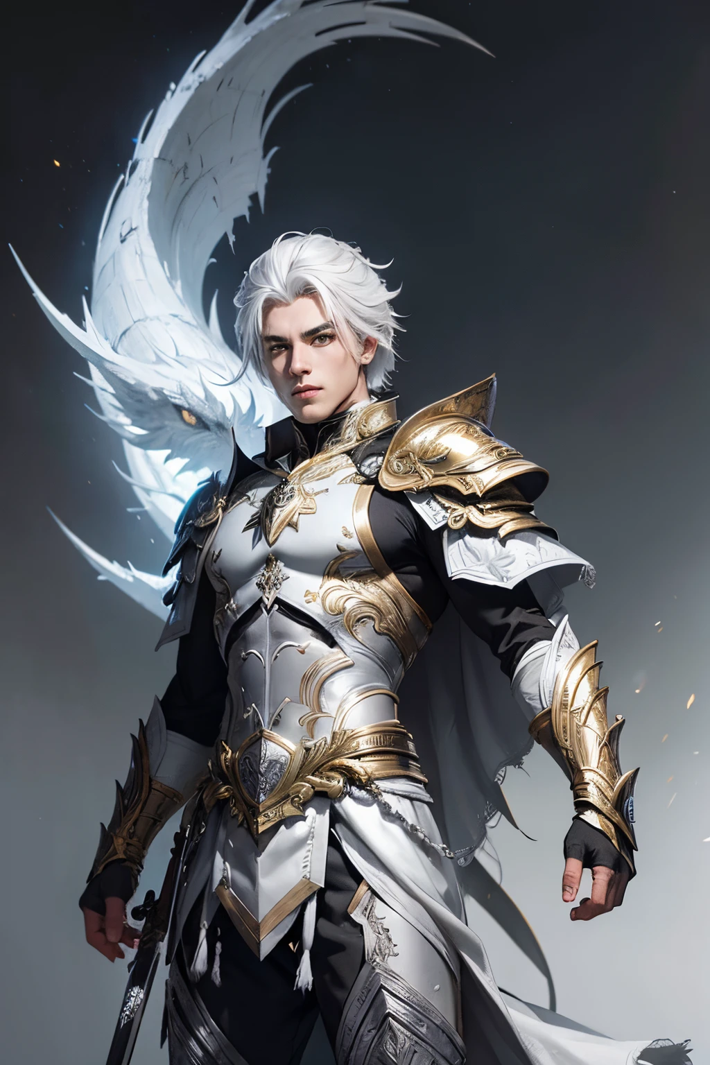 Male warrior,white hair,gold eye,grey and dark grey costume,white armor