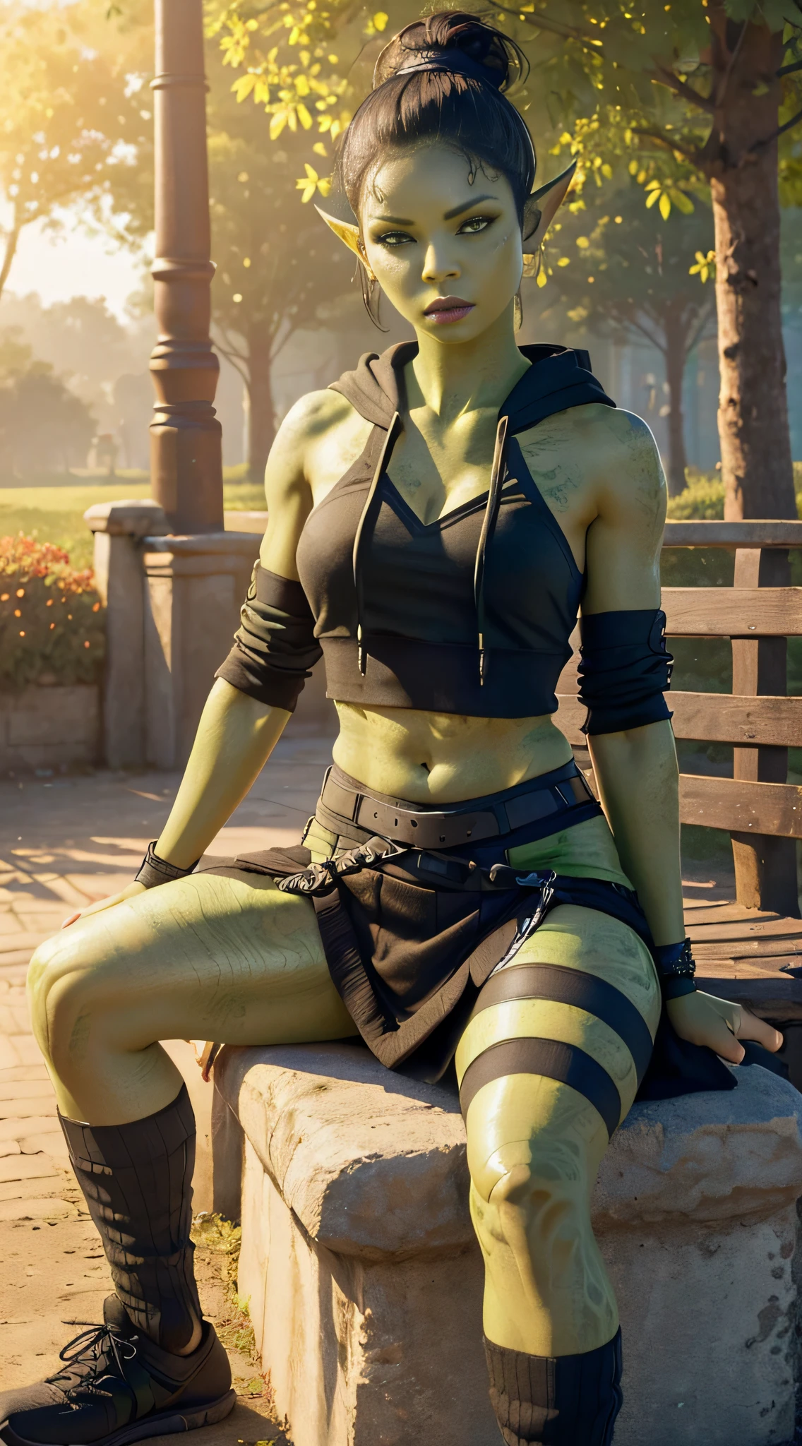 1girl, sexy githyanki, (green skin:1.5), black short hair bun, orange eyes, pointy ears, navel, midriff, (black crop hoodie:1.2), (black plain skirt:1.2), (black-and-white striped high socks:1.2), shoes on platform, belt, pouch, medium breasts, athletic, posing in the park, autumn, bench, black lipstick, black eyeliner, highly detailed face and eyes, sunlight, midday, best quality, masterpiece, realistic, anatomically correct, stunning details, intricate details, 8k post-production, high resolution, super details, trending on ArtStation, sharp focus, depth of field f/1.8, studio photos