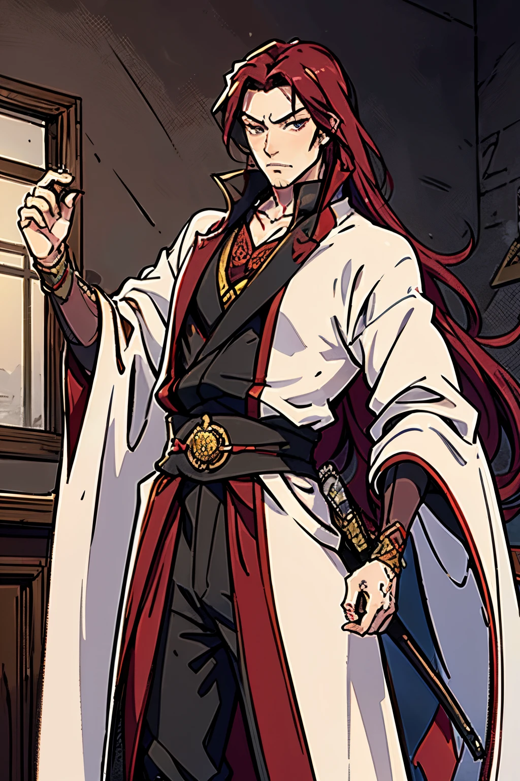 Best Quality, Masterpiece, Ultra High Resolution, musashi miyamoto, long red hair, renaissance attire, fancy clothing, nobility attire, handsome, manly, muscular, tall, covered in scars, vampire, pale white skin, fangs, vampiric, gothic, goth, standing in a medieval London town, long red scarf, detailed, long red hair, swept back hair, red hair(1.3)