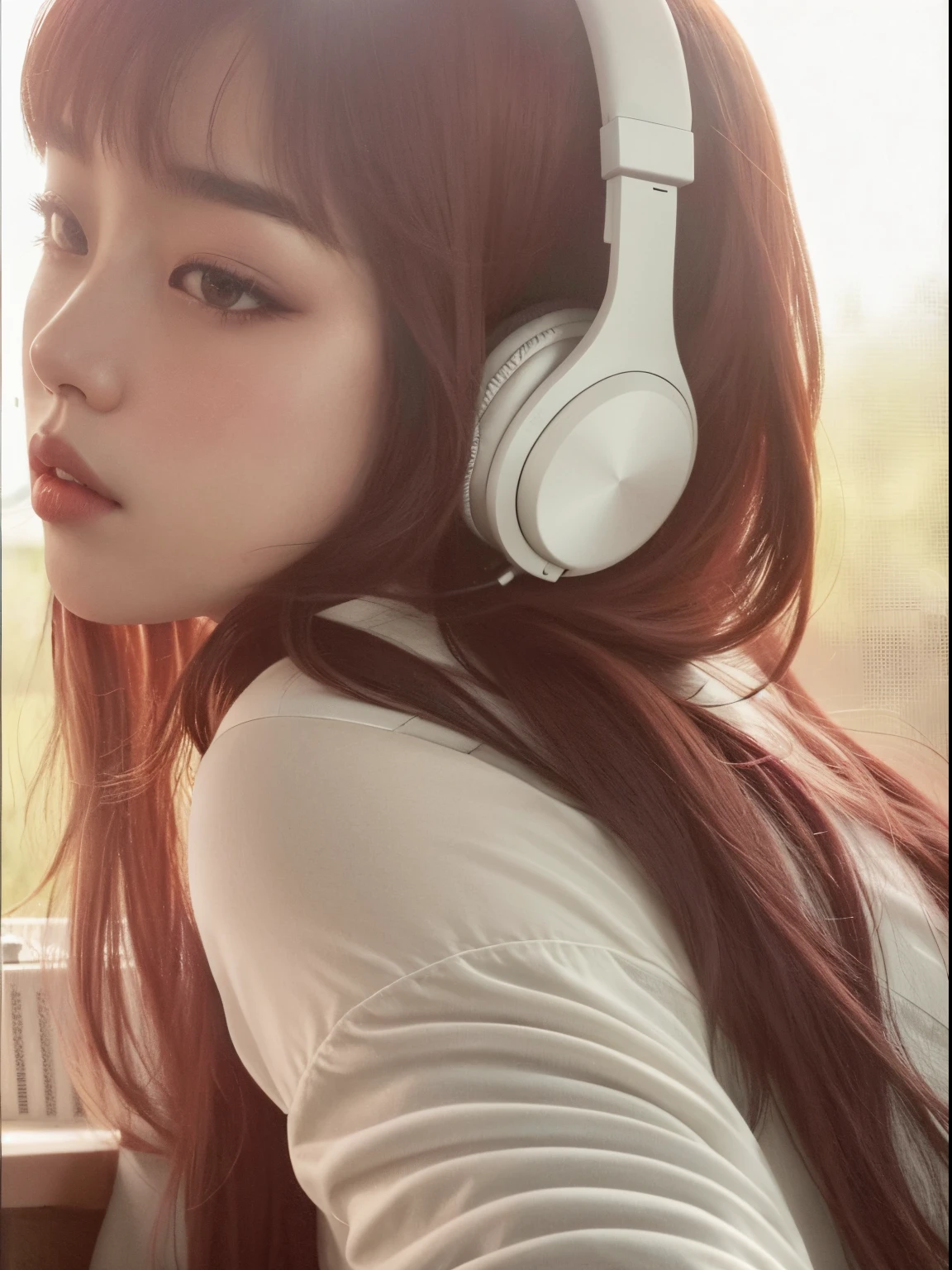 there is a woman with headphones looking out the window, com fones de ouvido, com fones de ouvido, Lalisa Manobal, Jaeyeon Nam, headphones on head, Guweiz, Parque Ji-min, Jinyoung Canela, Ulzzang, Chiho, Sakimichan, Fones de ouvido ligados, Usando fones de ouvido, Heonhwa Choe, Lalisa Manoban do Blackpink