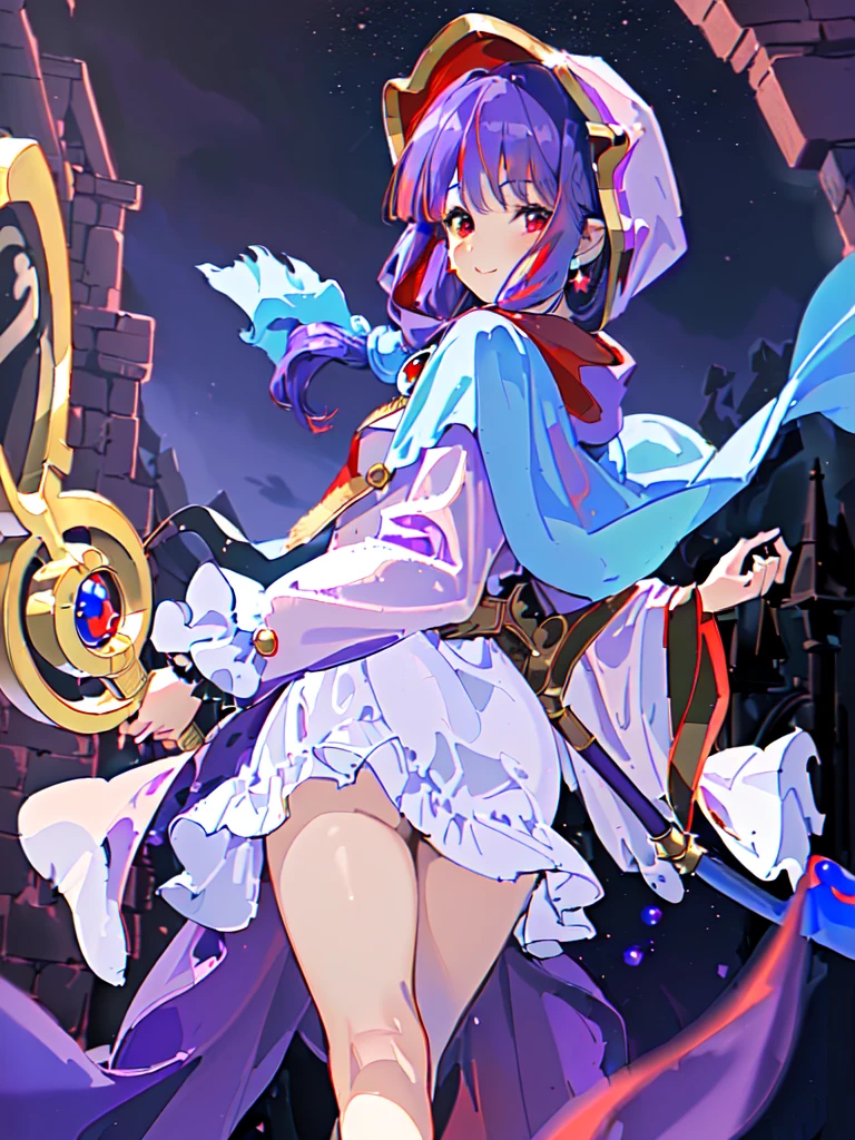 ((((Princess of Moonberg from DQ2)))), ((1little girl)), 13yo, (((deep purple hair))), ((Blunt bangs)), (Fluffy long hair), (Deep red eyes), ((((red hood)))), (Roto emblem drawn on hood), (((Purple-red stole))), Pearl earrings, (((White robe with red edging))), ((droopy eyes)), Holding a magic staff in her left hand, 

((at river)), 
photographrealistic, Sense of depth, Absurd resolution, High resolution, 8K, 4K, detail, Best Quality, (Raw photo, Best Quality, masters:1.2), (Realistic, Photorealsitic:1.37), ultra-detailliert,
Smile, Looking at the camera, full-face blush, , (walking), (Looking back), Angle from below, Full body shot,