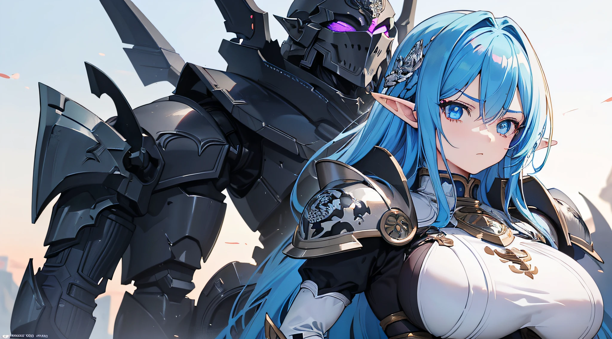 1 elf girl, standing with her full armor bodyguard, (multi colored hair hair), armored battle knight suit, breast plate, long skirt, big breast, a picture by void_0, pixiv, anime girls, angry facial expression, (beautiful detailed eyes:1.6), extremely detailed face, perfect lighting, extremely detailed anime illustration, (perfect hands, perfect anatomy),