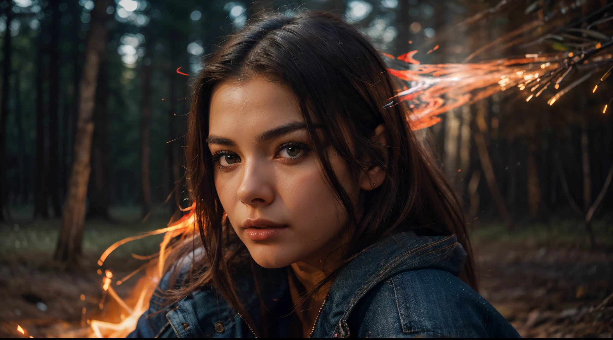 Maximum Extreme Hyper realistic, Maximum Extreme Hyper Detailed, Hyper-Sharp Extreme Maximum, Hyper-Sharp Extreme Maximum, Extreme maximum close-up, frente frontal, corpo inteiro, retrato, Thylane Blondeau linda mulher, (((Bom modelo, com longos cabelos negros e ultra detalhados, com olhos azuis, vestido com uma jaqueta vermelha gradiente e blusa branca estampada com letras japonesas, jeans,))))((((ultra realista 8k, super detalhe), Post-processing, (Arte Splash), Perspectivas exageradas, cores naturais, (Colorido e altamente detalhado )))) , camera with multiple movement angles, fogo glamoroso, swirl of red smoke and glowing particles, Low neon effects, nuances prateadas e pretas, ultra detailed 8k video, HDR, imagens complexas, give me the best image and motion experience, Perspectivas exageradas, cores naturais, (Colorido e altamente detalhado )))) in the middle of a forest at night running away, camera with multiple movement angles, fogo glamoroso, swirl of red smoke and glowing particles, Low neon effects, nuances prateadas e pretas, ultra detailed 8k video, HDR, imagens complexas, give me the best image and motion experience