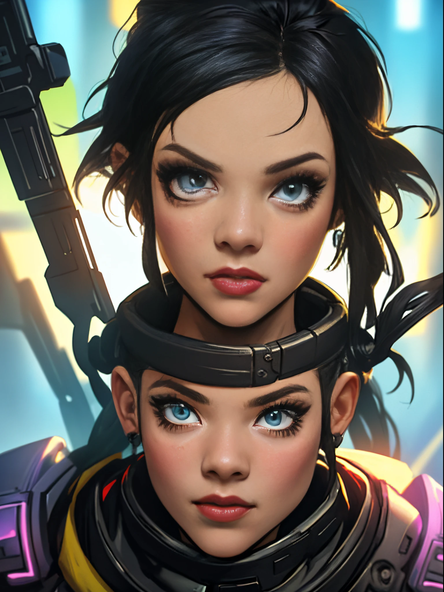 Avatar pixar feminina cabelo cacheado preto, olhos castanhos e pele branca de estilo cyber punk