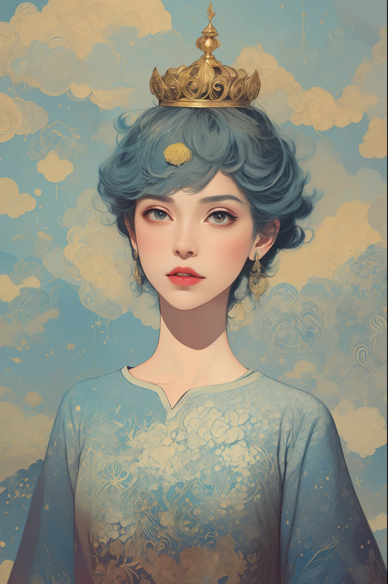 paint a decorative painting，a beautiful -agedl，There are many paintings around，（Decorative painting：1.6）Elaborate Eyes，delicated face，With a crown，elaborate earrings，simple backgound，Blooming flowers，A sea of flowers，（tangled，datura，Tangles，entangled）， (s fractal art: 1.3)，divinelight，gold foil，Gold leaf art，Flash drawing，simple backgound，upper part of body，