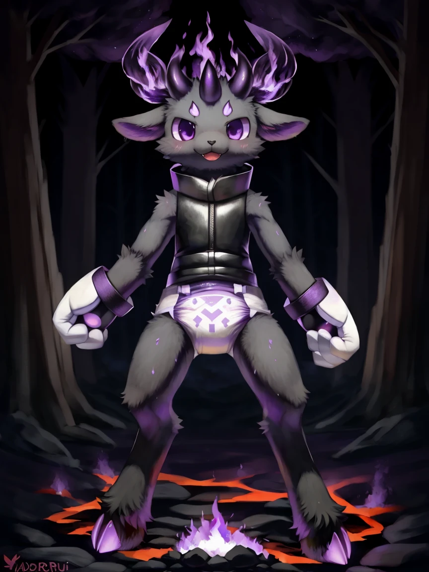 ((by wadorigi on Twitter)(Lamb)), pokemon, kid proportions, cute, adorable , thin thighs, hooves, upper limb hooves, black fur, horns made of purple magma ,( purple and black flames on surroundings), surrounded by purple flames , surrounded by black flames, purple and black fire on background, wearing soggy messy padded diaper, wearing dark purple vest, (leather padded fist mitts), leather wrist cuffs, tied to wooden stock, in forest
