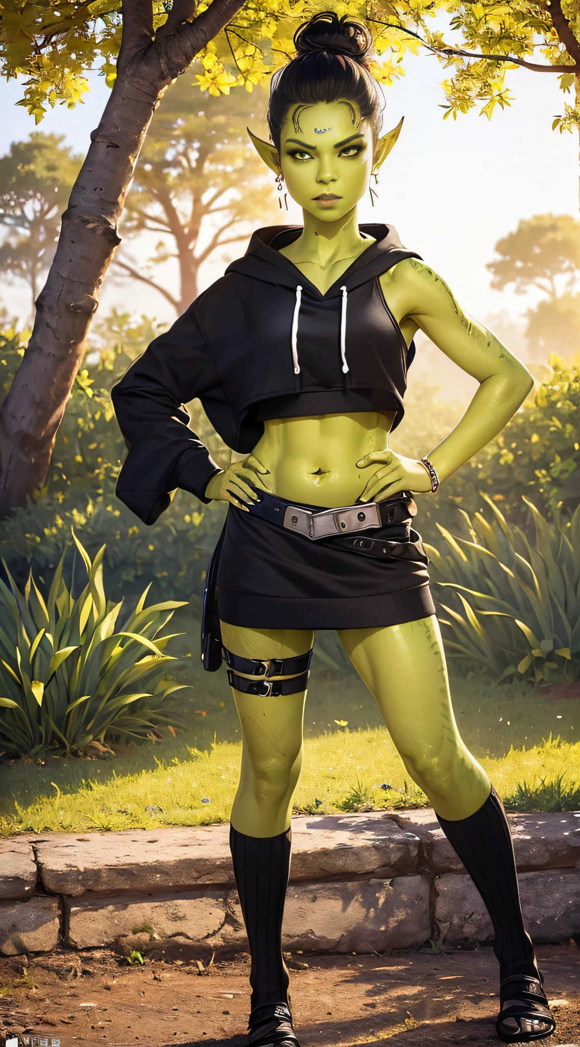 1girl, sexy githyanki, (green skin:1.5), black short hair bun, orange eyes, pointy ears, navel, midriff, (black crop hoodie:1.2), (black plain skirt:1.2), (black-and-white striped high socks:1.2), shoes on platform, belt, pouch, medium breasts, athletic, posing in the park, autumn, bench, black lipstick, black eyeliner, highly detailed face and eyes, sunlight, midday, best quality, masterpiece, realistic, anatomically correct, stunning details, intricate details, 8k post-production, high resolution, super details, trending on ArtStation, sharp focus, depth of field f/1.8, studio photos